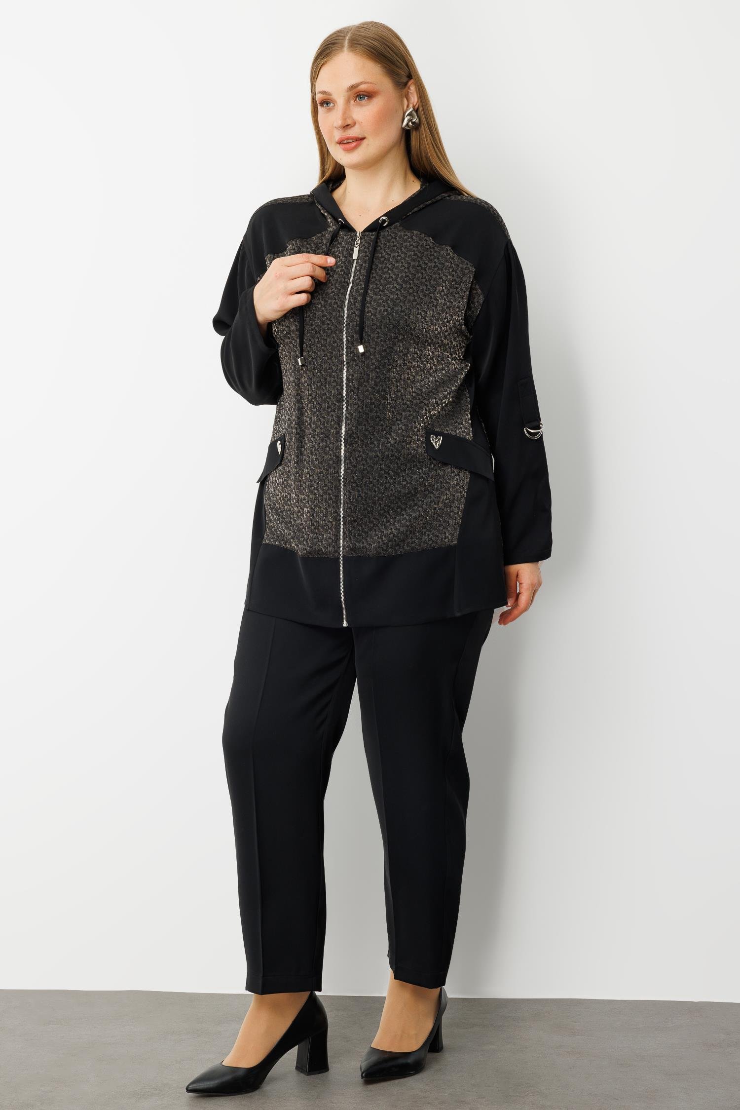 Modailgi  Kapişonlu Cepte Kalpli Düğme Detaylı Tunik Siyah