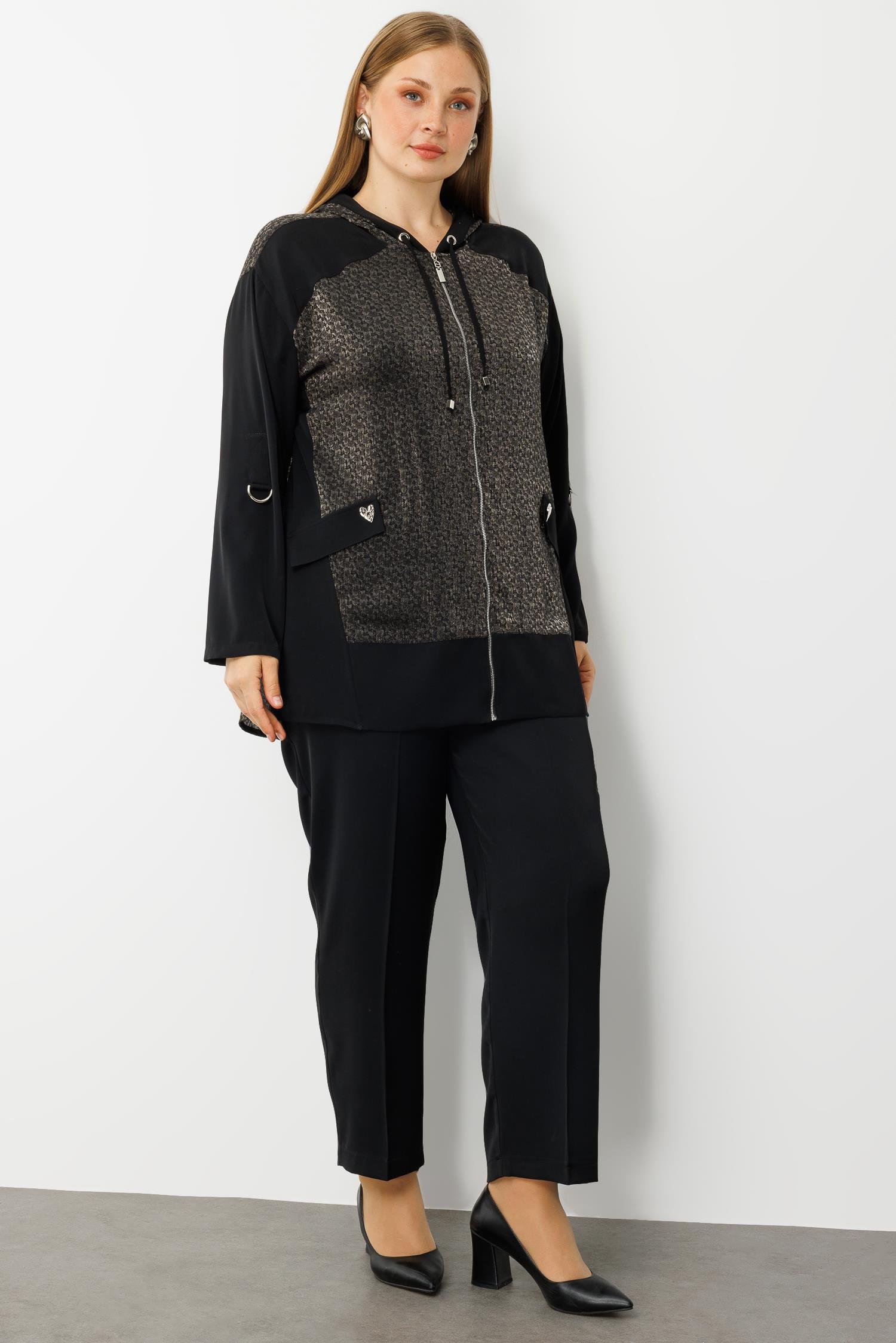 Modailgi  Kapişonlu Cepte Kalpli Düğme Detaylı Tunik Siyah