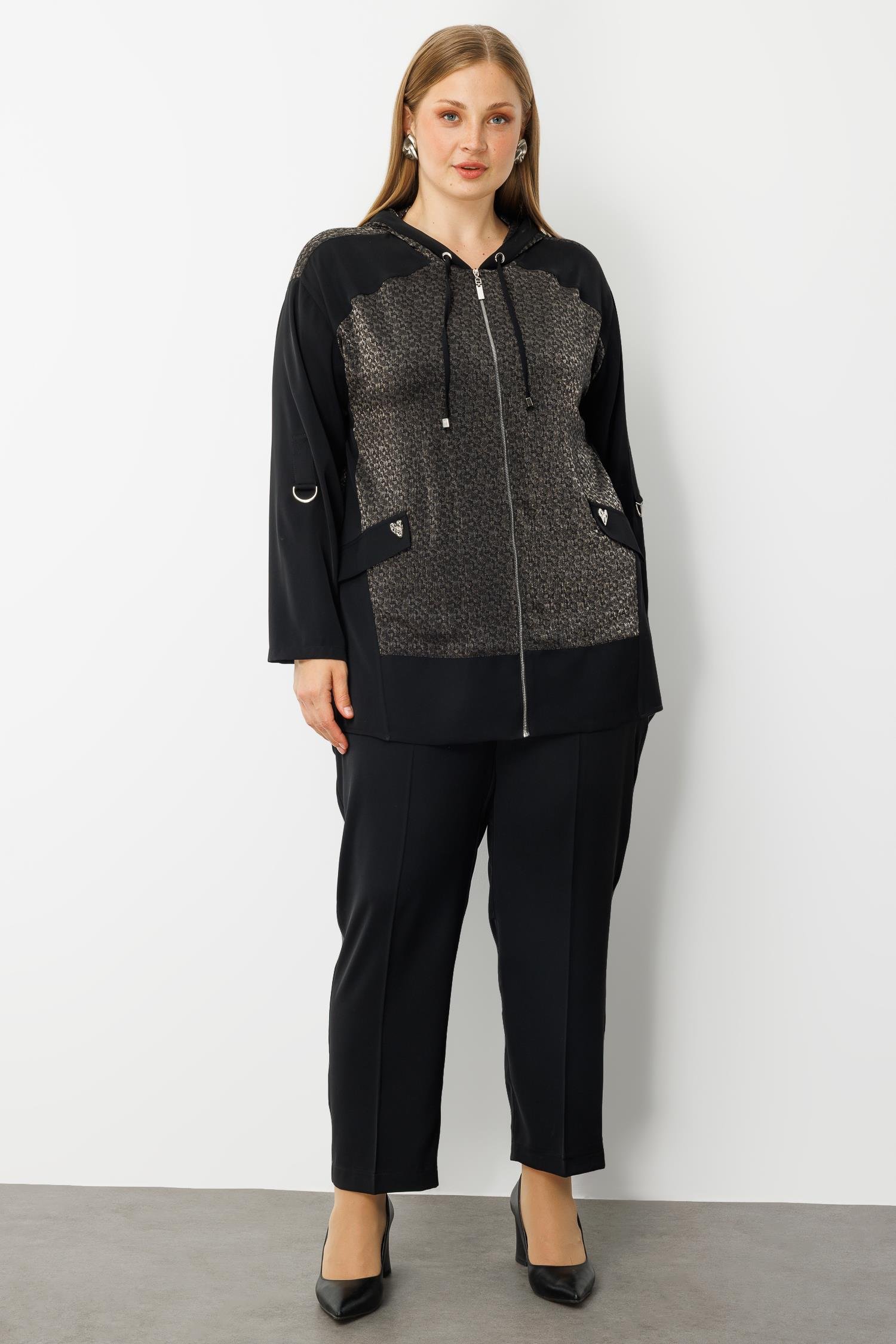 Modailgi  Kapişonlu Cepte Kalpli Düğme Detaylı Tunik Siyah