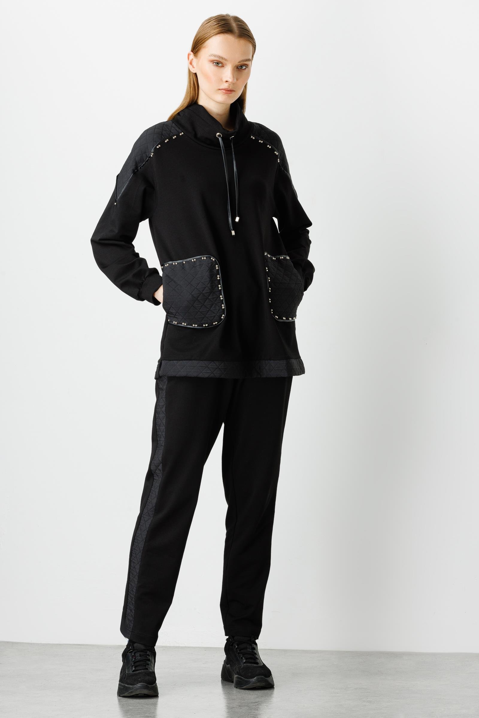 Modailgi  Kapitone Garnili Dik Yaka Tunik Siyah