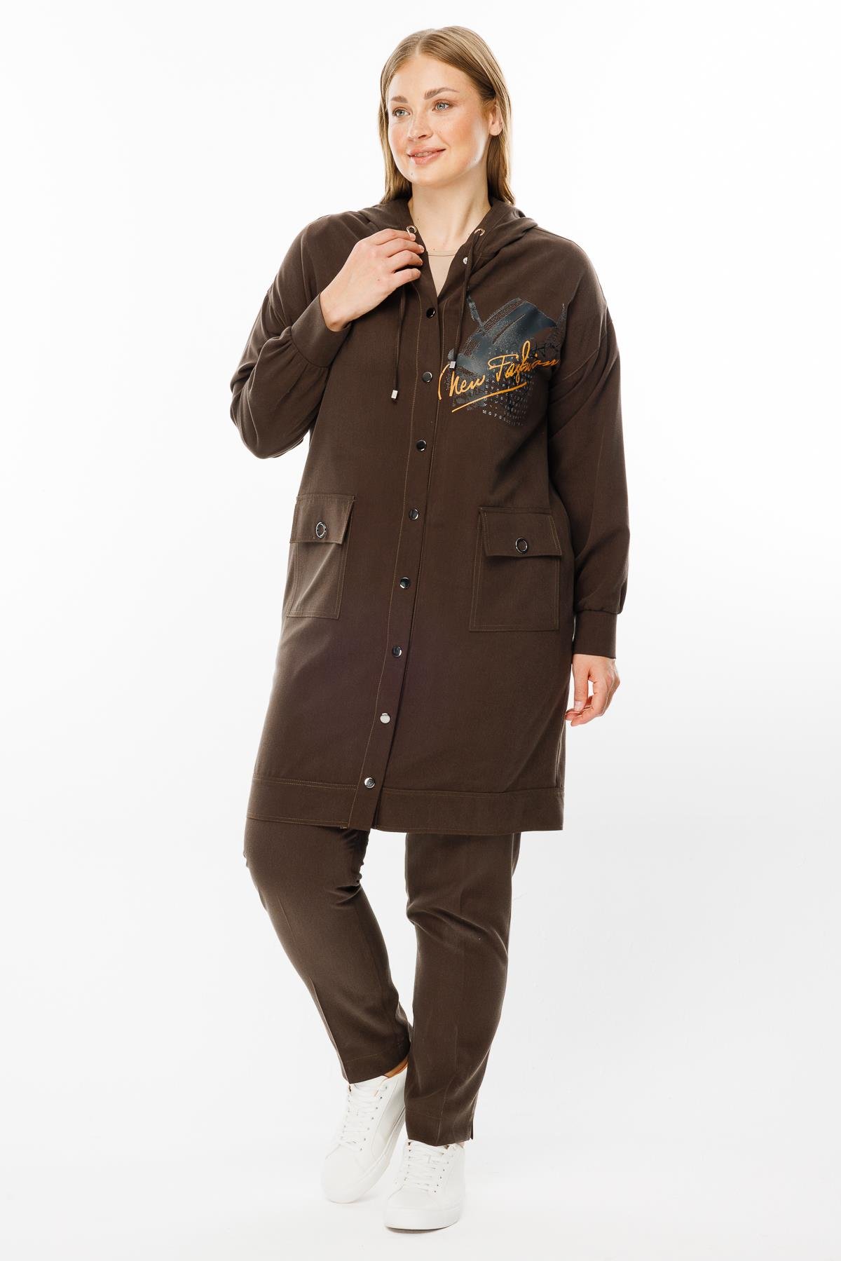 Modailgi  Kapüşonlu Baskılı Tunik Kahve