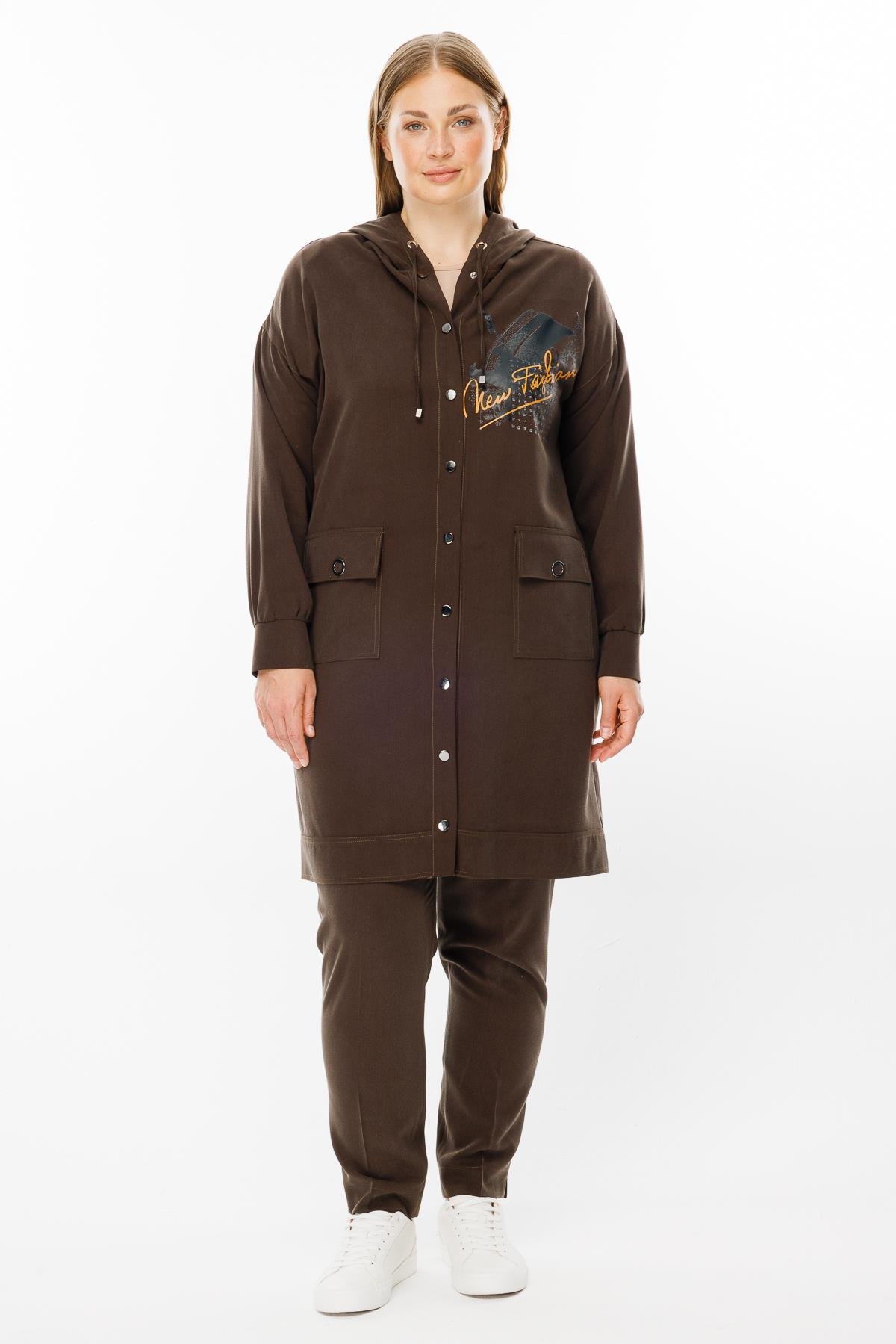 Modailgi  Kapüşonlu Baskılı Tunik Kahve