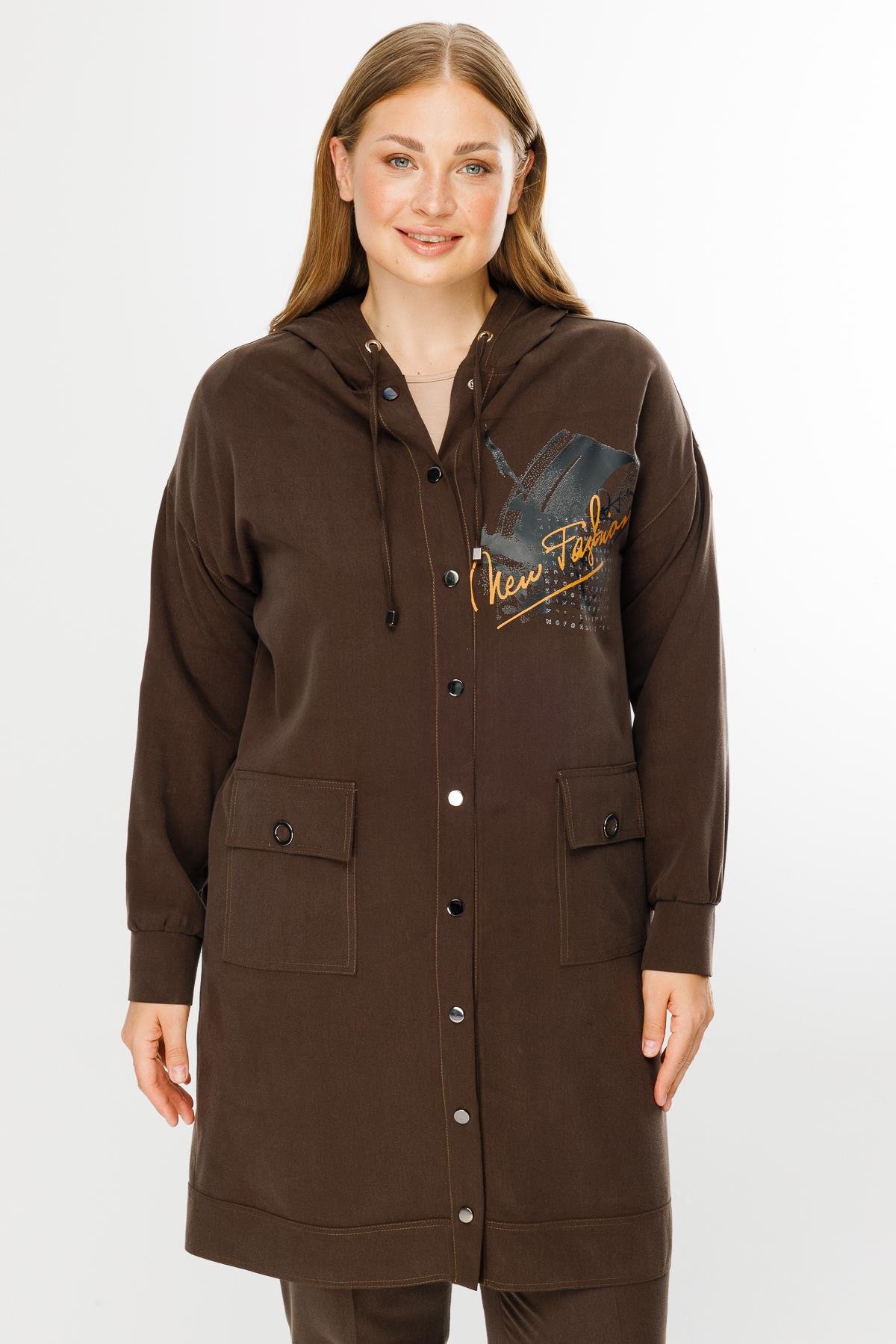 Modailgi  Kapüşonlu Baskılı Tunik Kahve