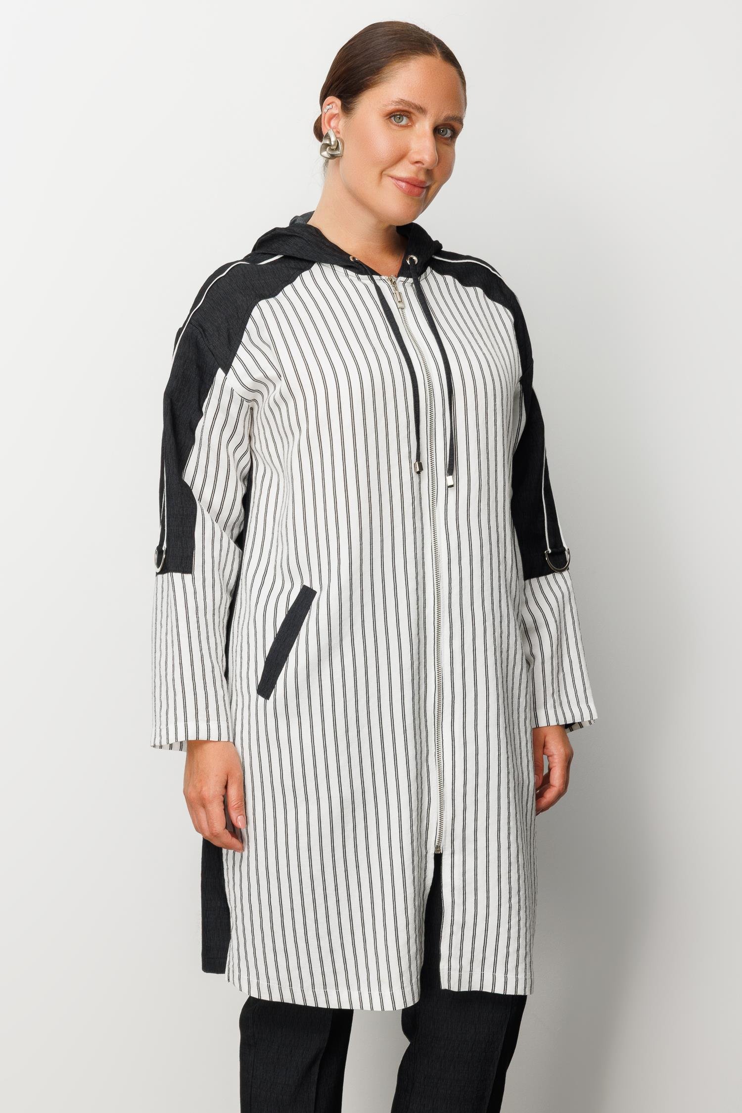 Modailgi  Kapüşonlu Çizgili Fermuarlı Uzun Tunik Ekru