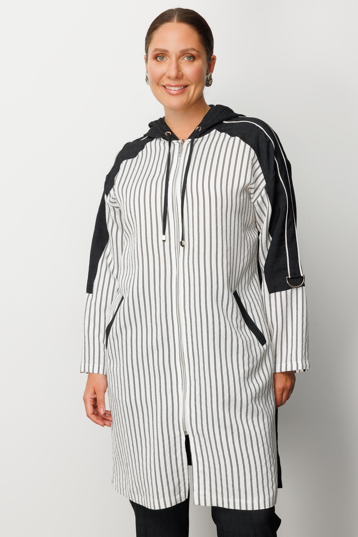 Modailgi  Kapüşonlu Çizgili Fermuarlı Uzun Tunik Ekru