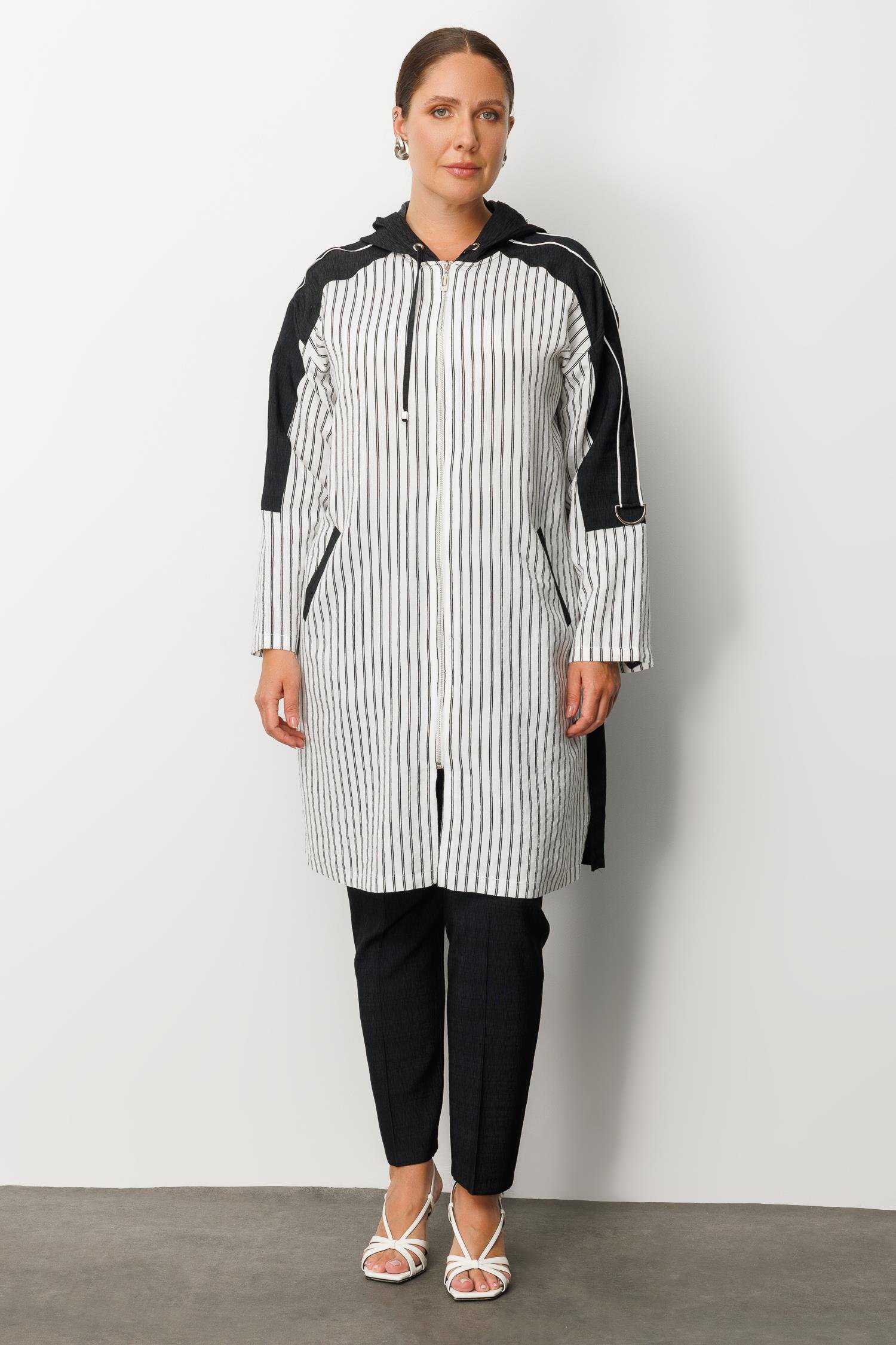 Modailgi  Kapüşonlu Çizgili Fermuarlı Uzun Tunik Ekru