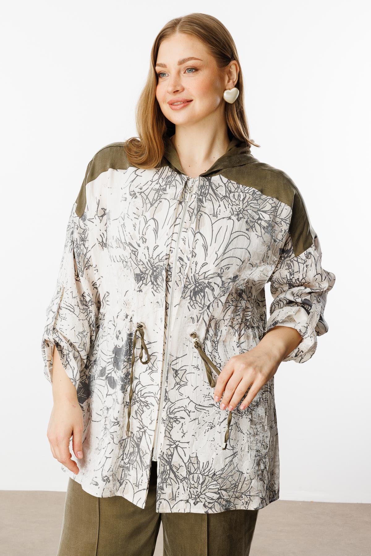 Modailgi  Kapüşonlu Desenli Beli Tünel Bağcıklı Kolu Apolet Aksesuarlı Fermuarlı Tunik Haki