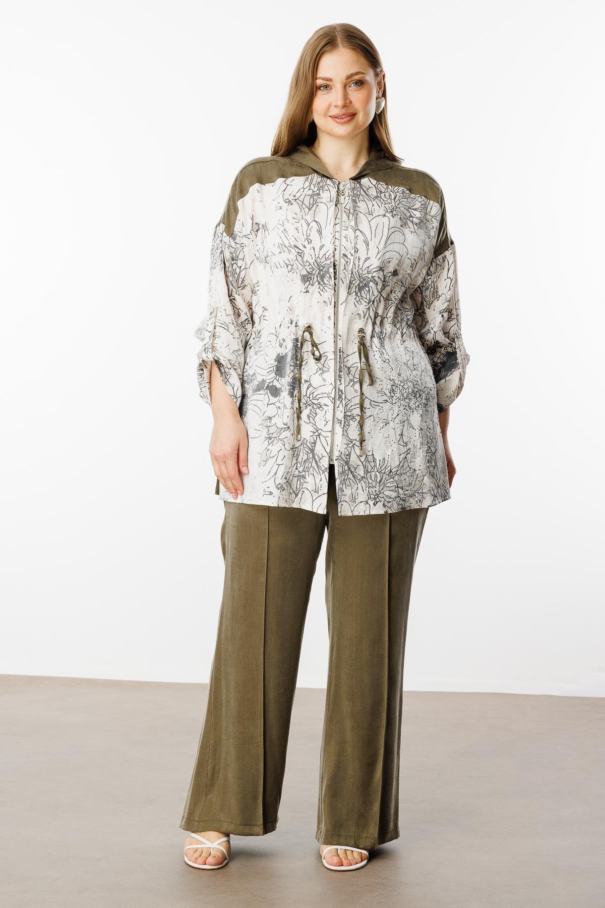 Modailgi  Kapüşonlu Desenli Beli Tünel Bağcıklı Kolu Apolet Aksesuarlı Fermuarlı Tunik Haki