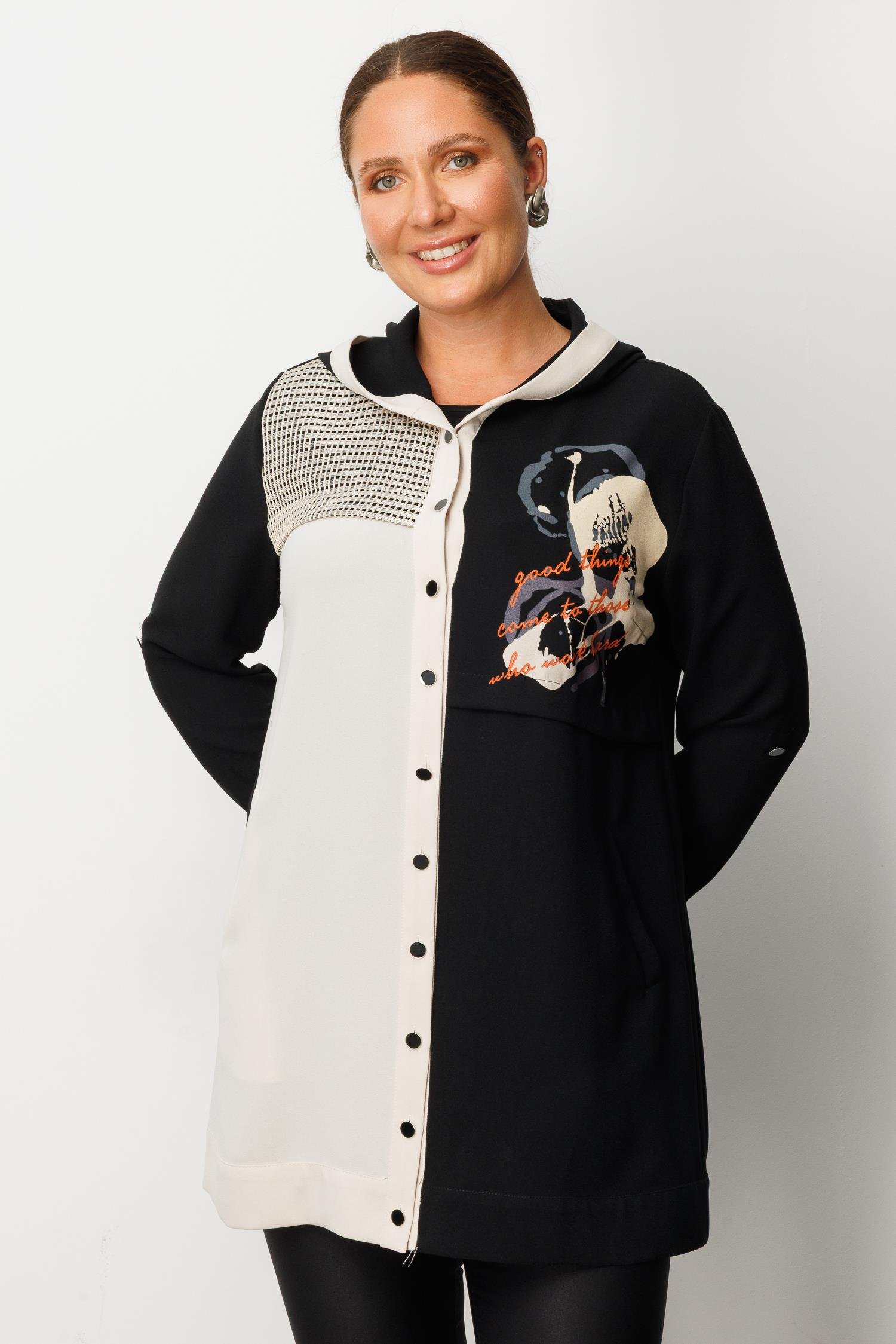 Modailgi  Kapüşonlu File Detaylı Baskılı Uzun Tunik Siyah