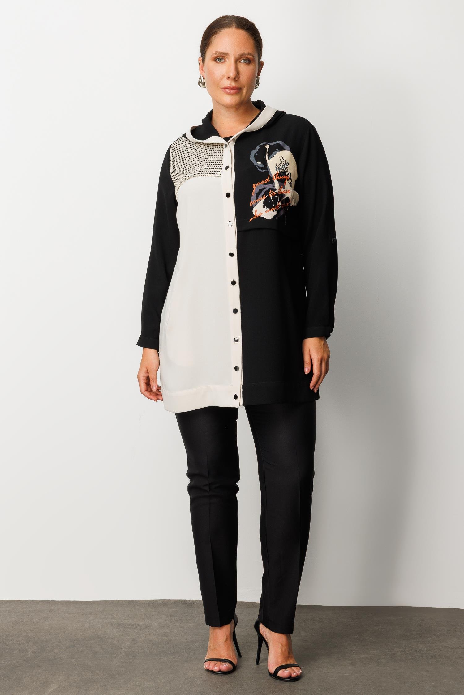 Modailgi  Kapüşonlu File Detaylı Baskılı Uzun Tunik Siyah