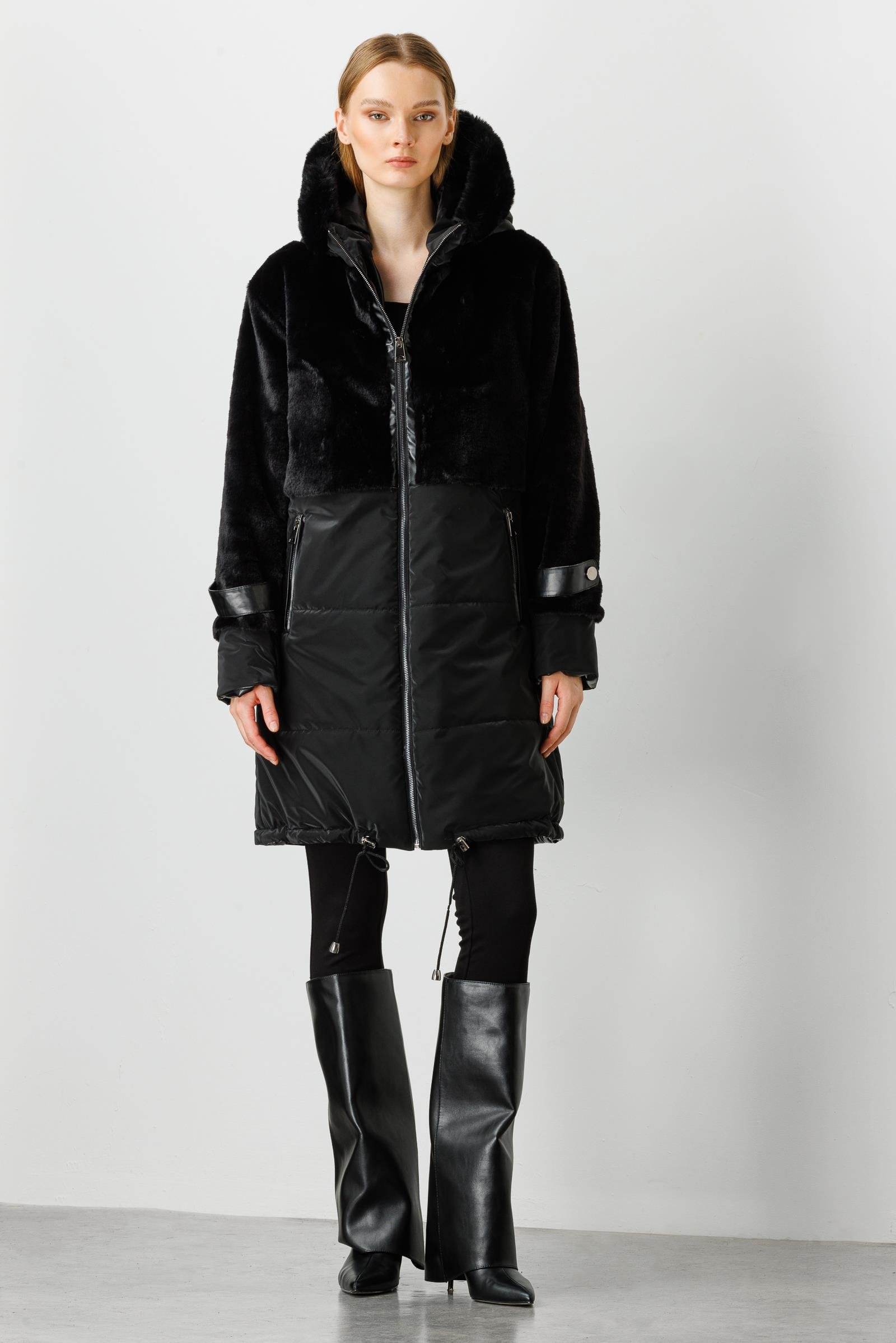 Modailgi  Kapüşonlu Kürk Detaylı Kaban Siyah