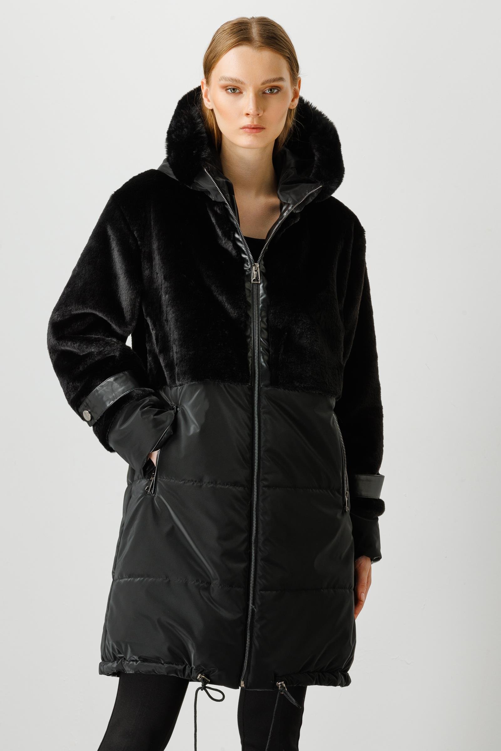 Modailgi  Kapüşonlu Kürk Detaylı Kaban Siyah