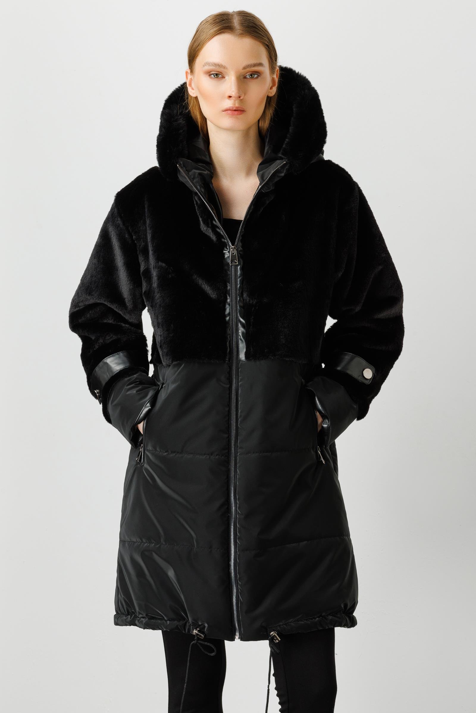 Modailgi  Kapüşonlu Kürk Detaylı Kaban Siyah