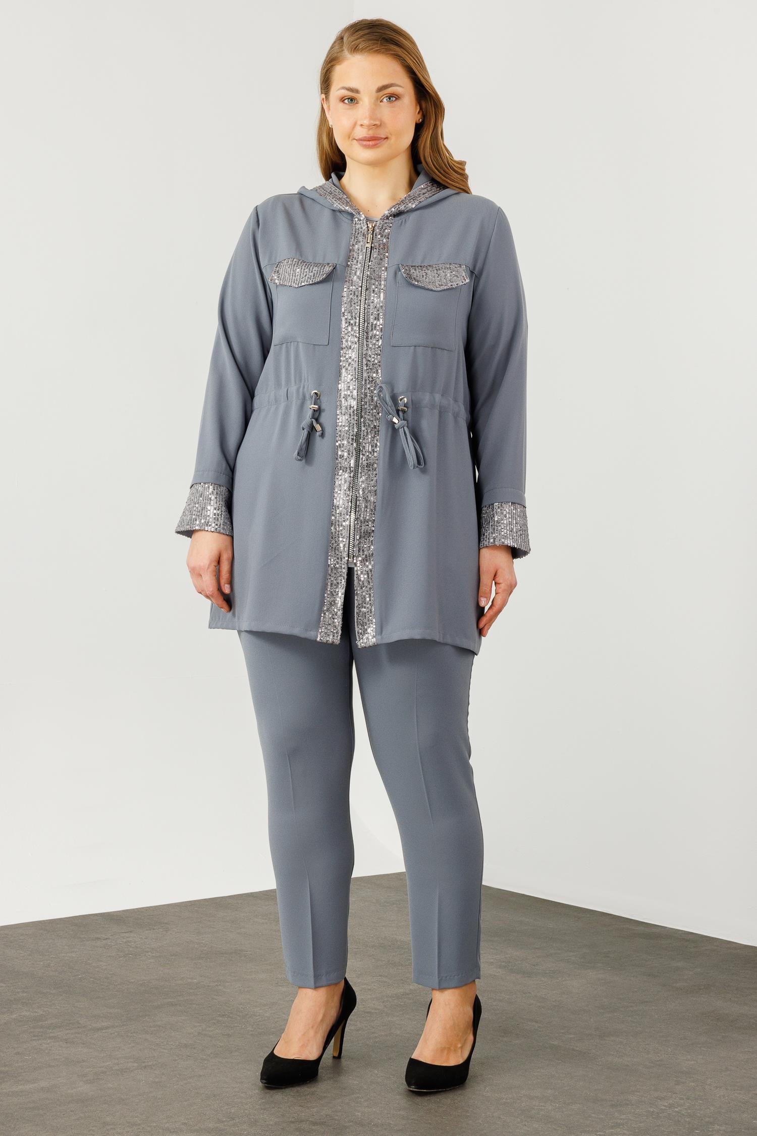 Modailgi  Kapüşonlu Payet Detaylı Tunik Gri