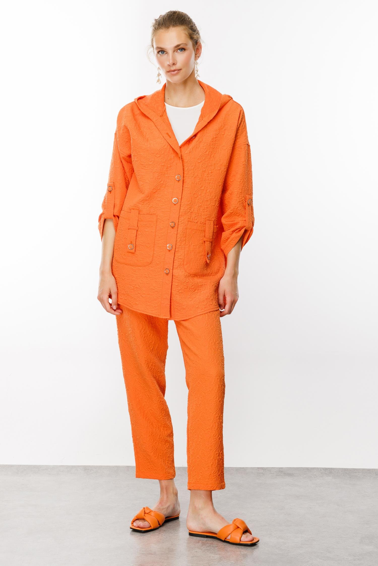 Modailgi  Kapüşonlu Torba Cepli Gofreli Tunik Orange