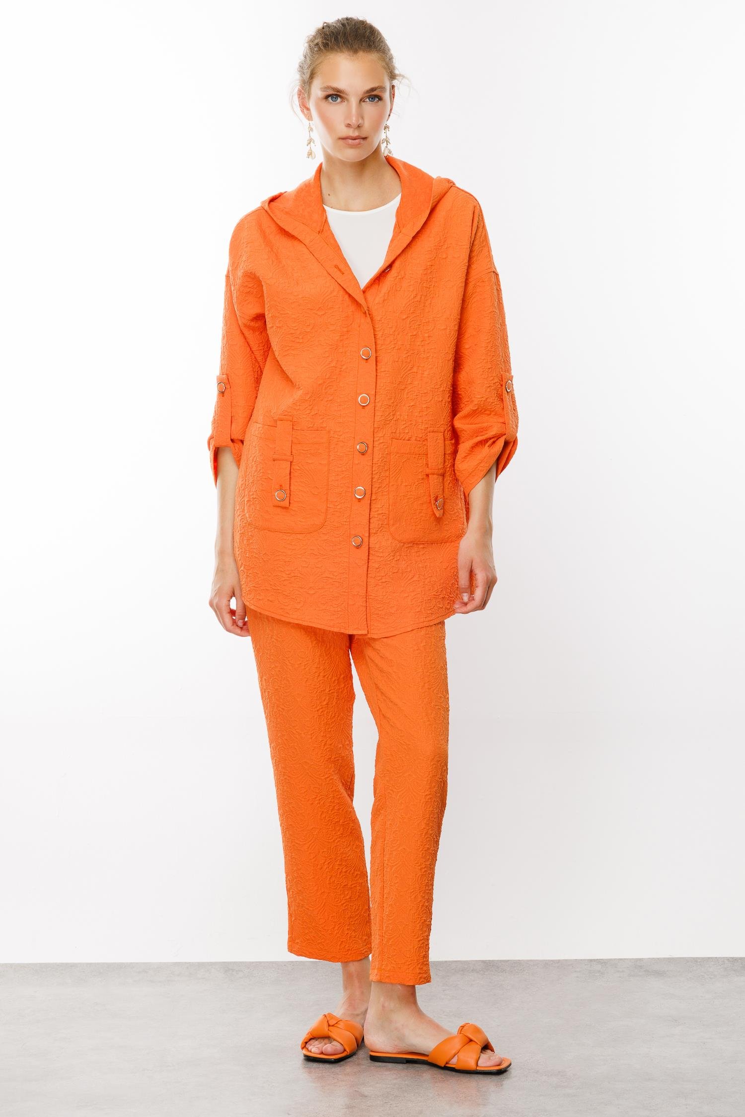 Modailgi  Kapüşonlu Torba Cepli Gofreli Tunik Orange