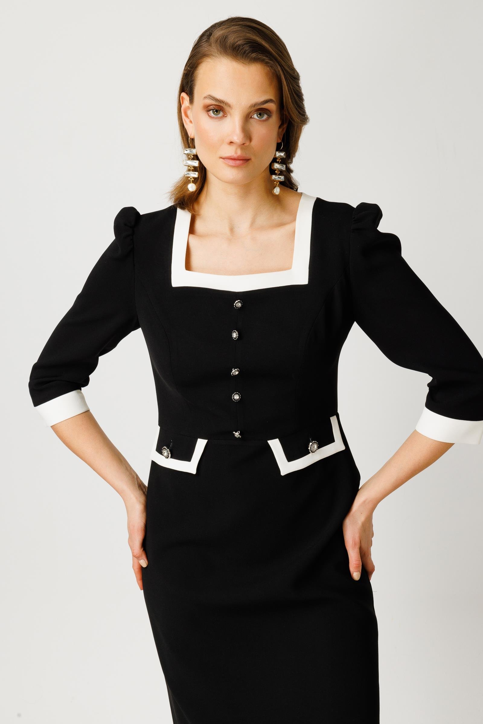 Modailgi  Kare Yaka Enkürüsteli Elbise Siyah