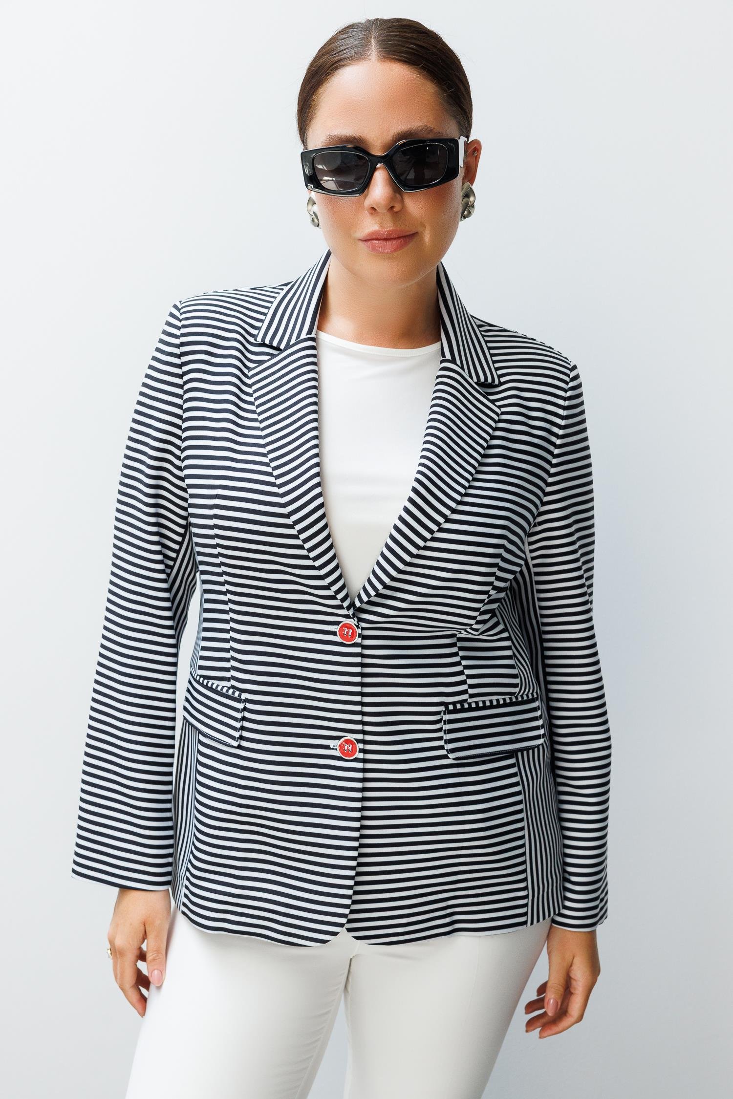 Modailgi  Kelebek Yaka Çift Düğme Kapama File Astar Çizgili Ceket Siyah