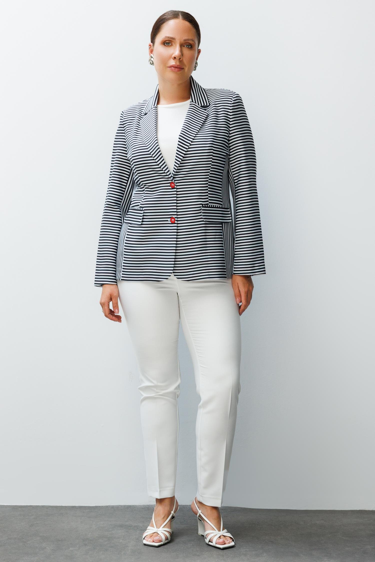 Modailgi  Kelebek Yaka Çift Düğme Kapama File Astar Çizgili Ceket Siyah