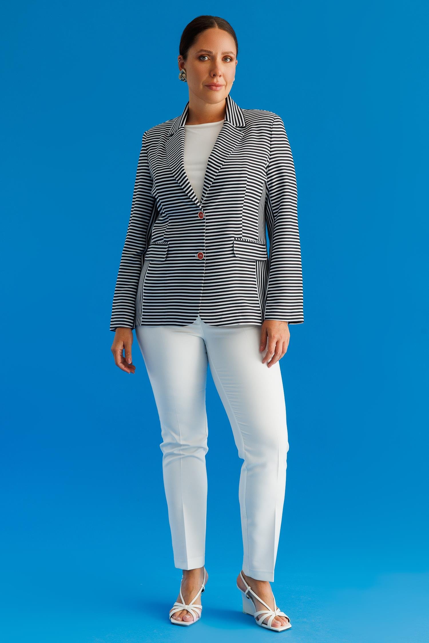 Modailgi  Kelebek Yaka Çift Düğme Kapama File Astar Çizgili Ceket Siyah