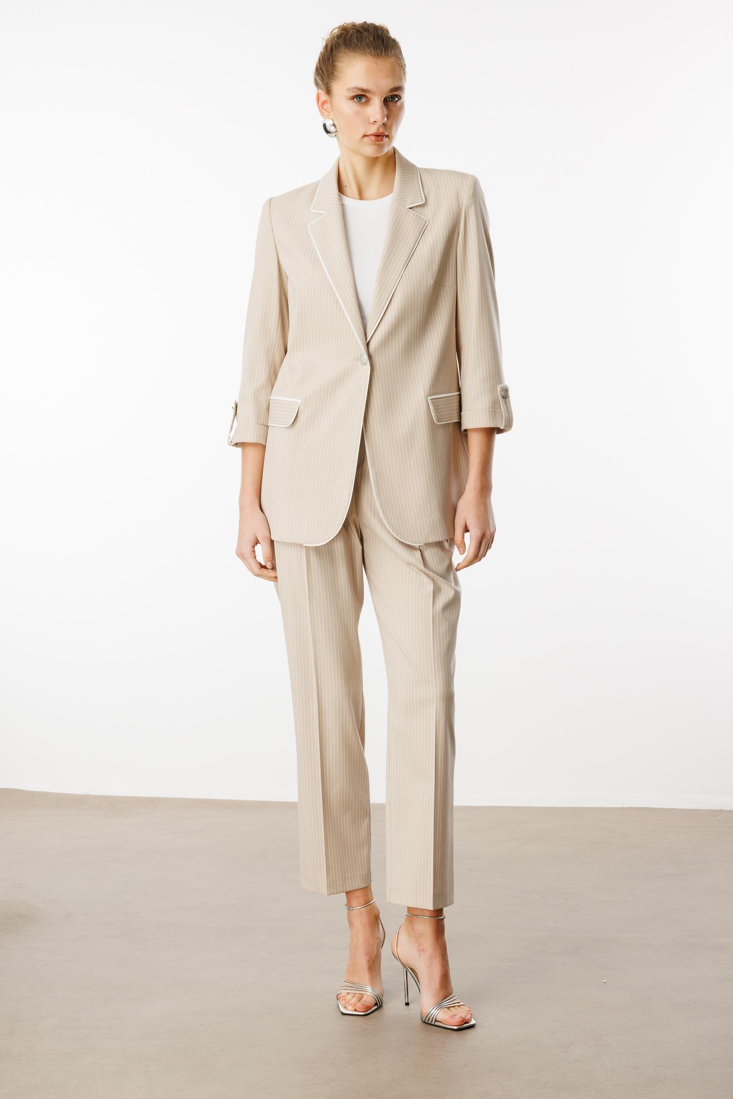 Modailgi  Kelebek Yaka Truvakar Kol Yarım Astarlı Çizgili Ceket Taş