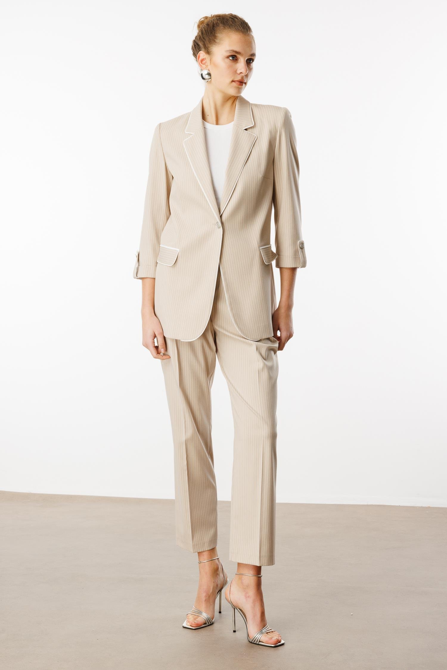 Modailgi  Kelebek Yaka Truvakar Kol Yarım Astarlı Çizgili Ceket Taş