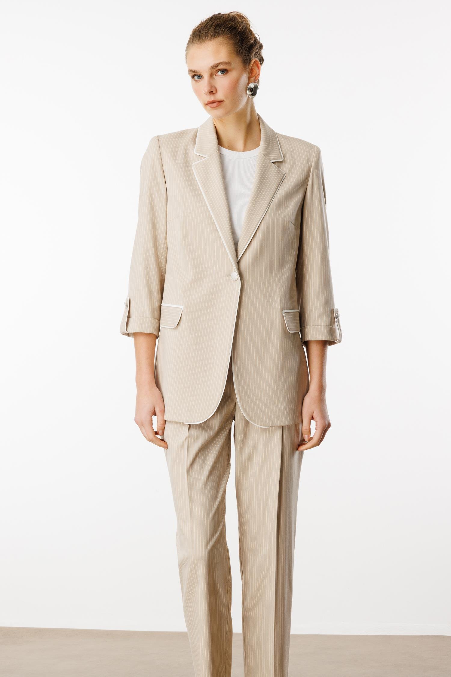 Modailgi  Kelebek Yaka Truvakar Kol Yarım Astarlı Çizgili Ceket Taş