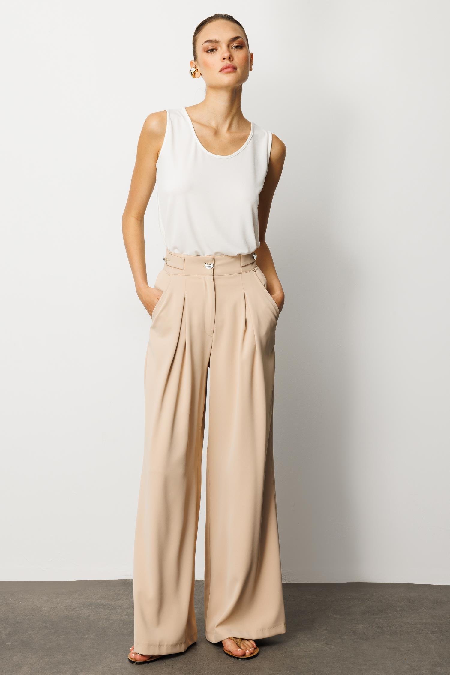 Modailgi  Kemeri Apoletli Yandan Cepli Plikaşeli Pantolon - 7069 Taş