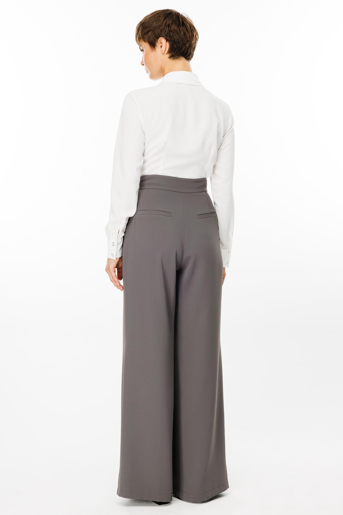 Modailgi  Kemeri Apoletli Yandan Cepli Plikaşeli Pantolon - 7069 Gri