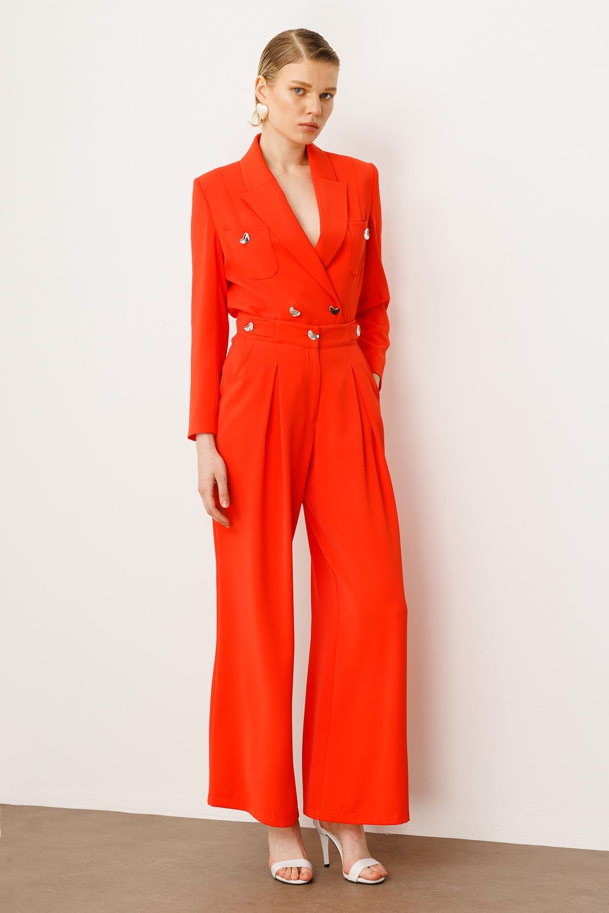 Modailgi  Kemeri Apoletli Yandan Cepli Plikaşeli Pantolon - 7069 Mercan