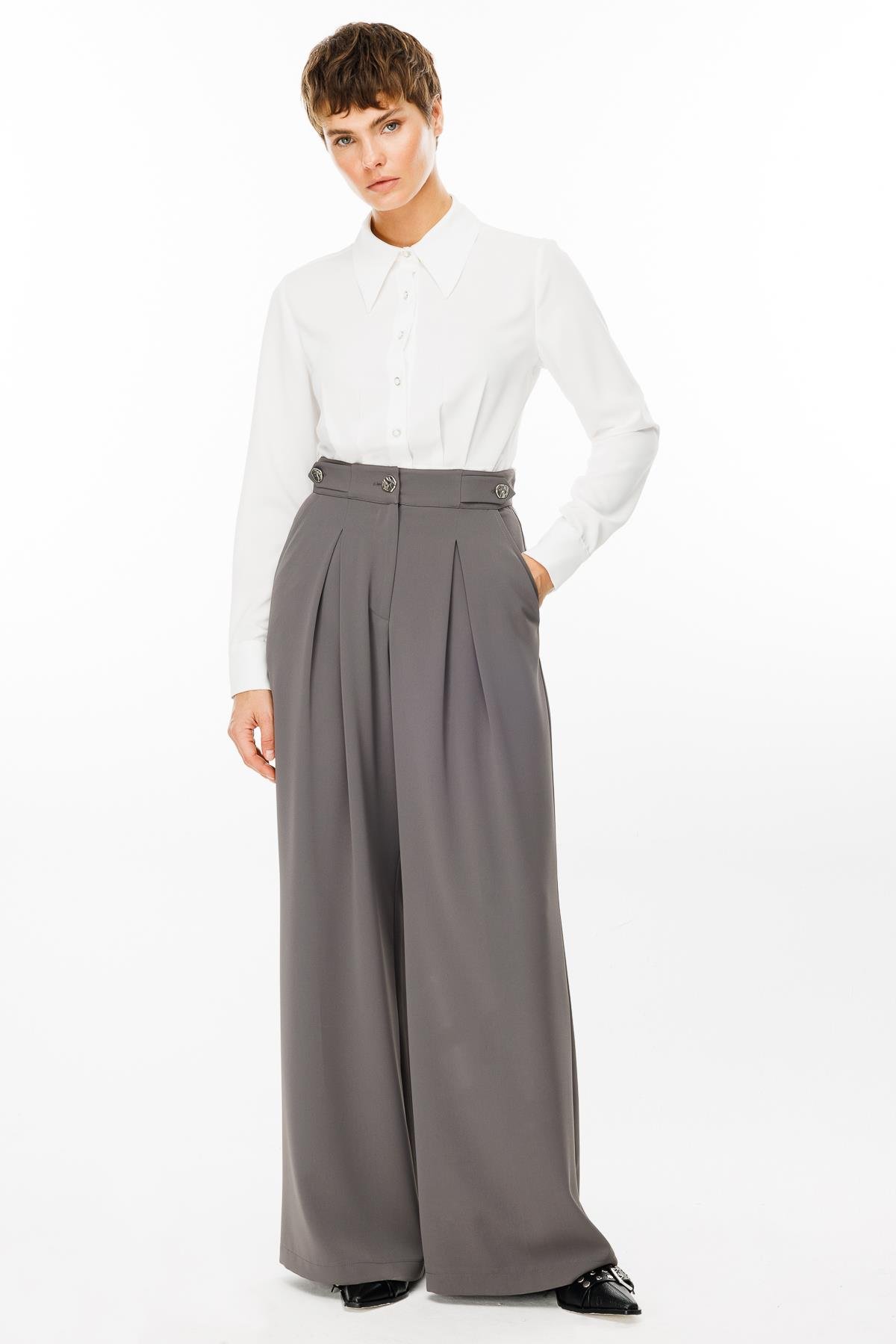 Modailgi  Kemeri Apoletli Yandan Cepli Plikaşeli Pantolon - 7069 Gri