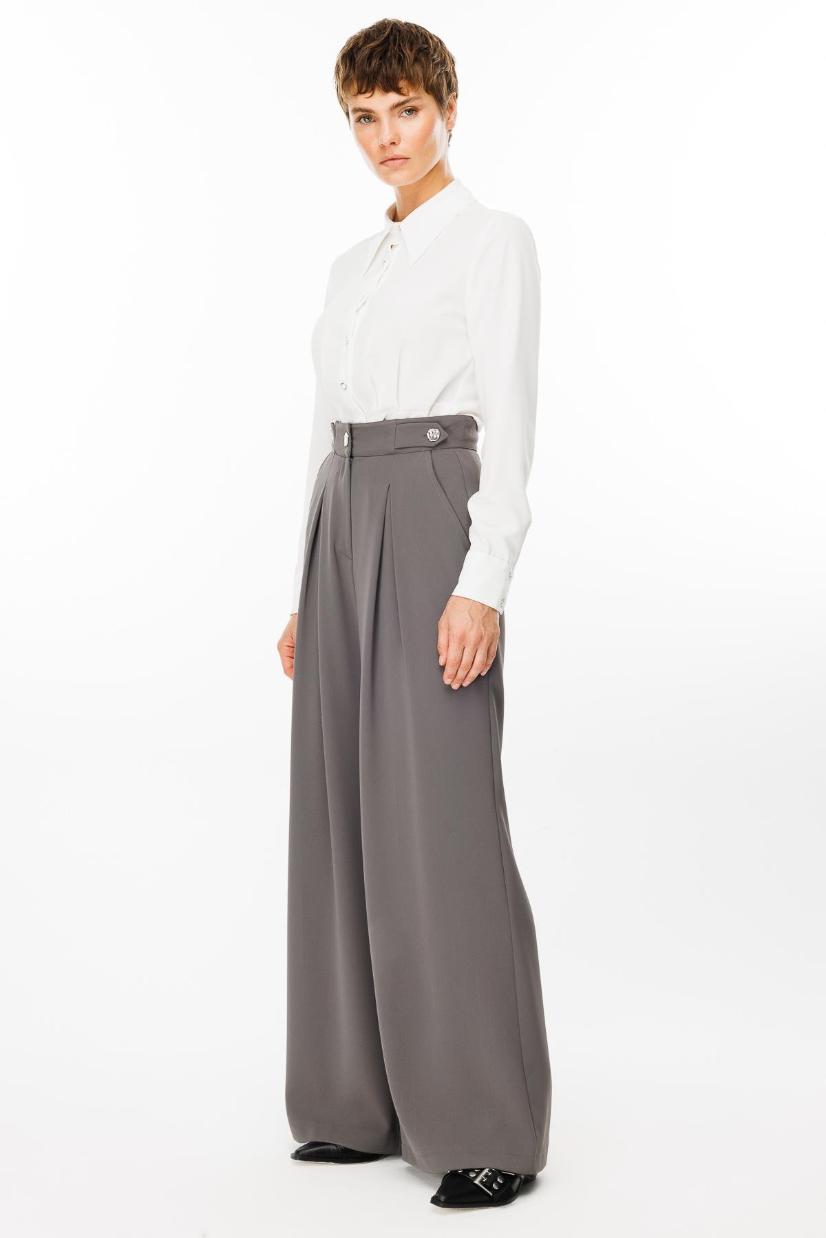 Modailgi  Kemeri Apoletli Yandan Cepli Plikaşeli Pantolon - 7069 Gri