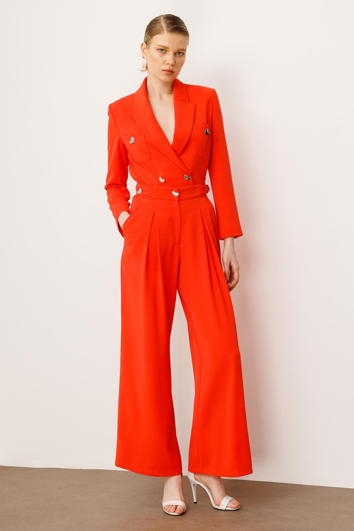 Modailgi  Kemeri Apoletli Yandan Cepli Plikaşeli Pantolon - 7069 Mercan