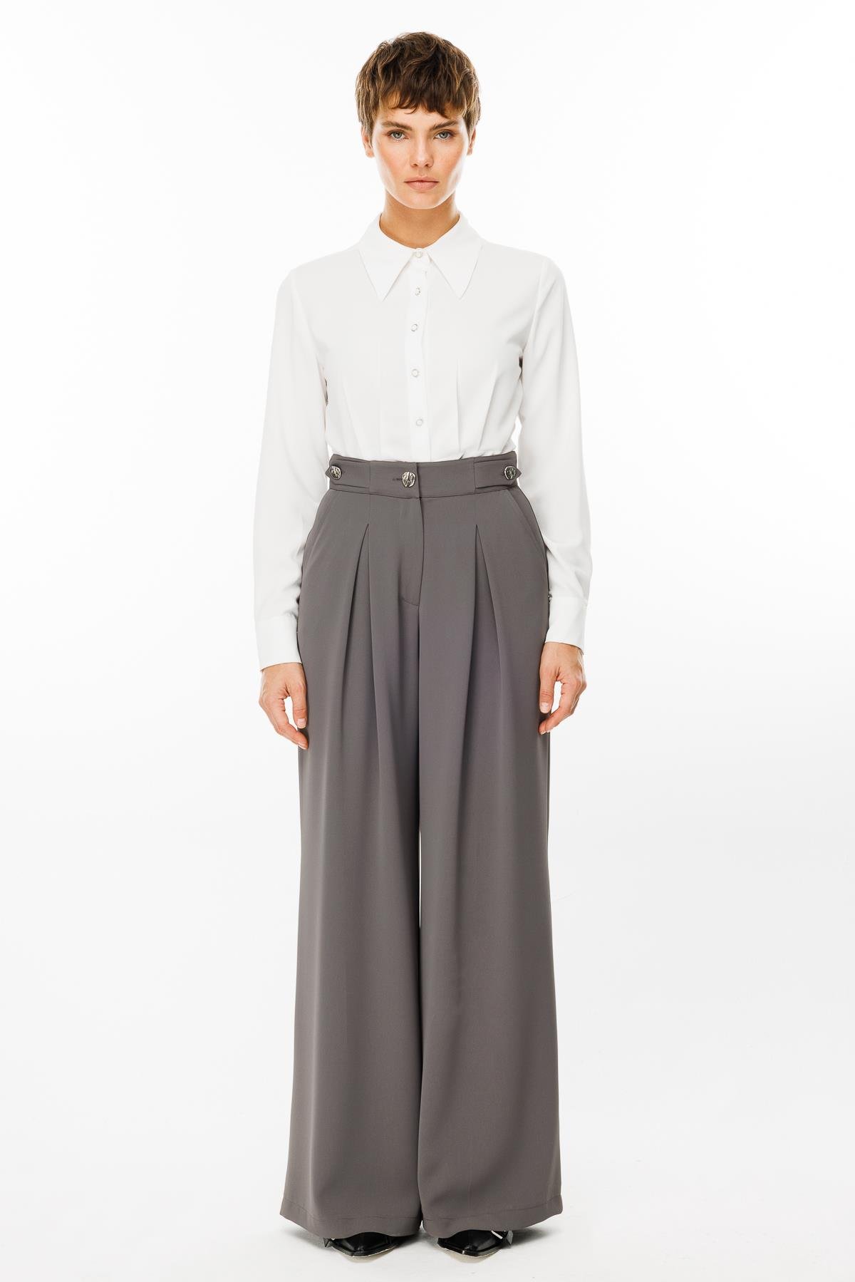 Modailgi  Kemeri Apoletli Yandan Cepli Plikaşeli Pantolon - 7069 Gri
