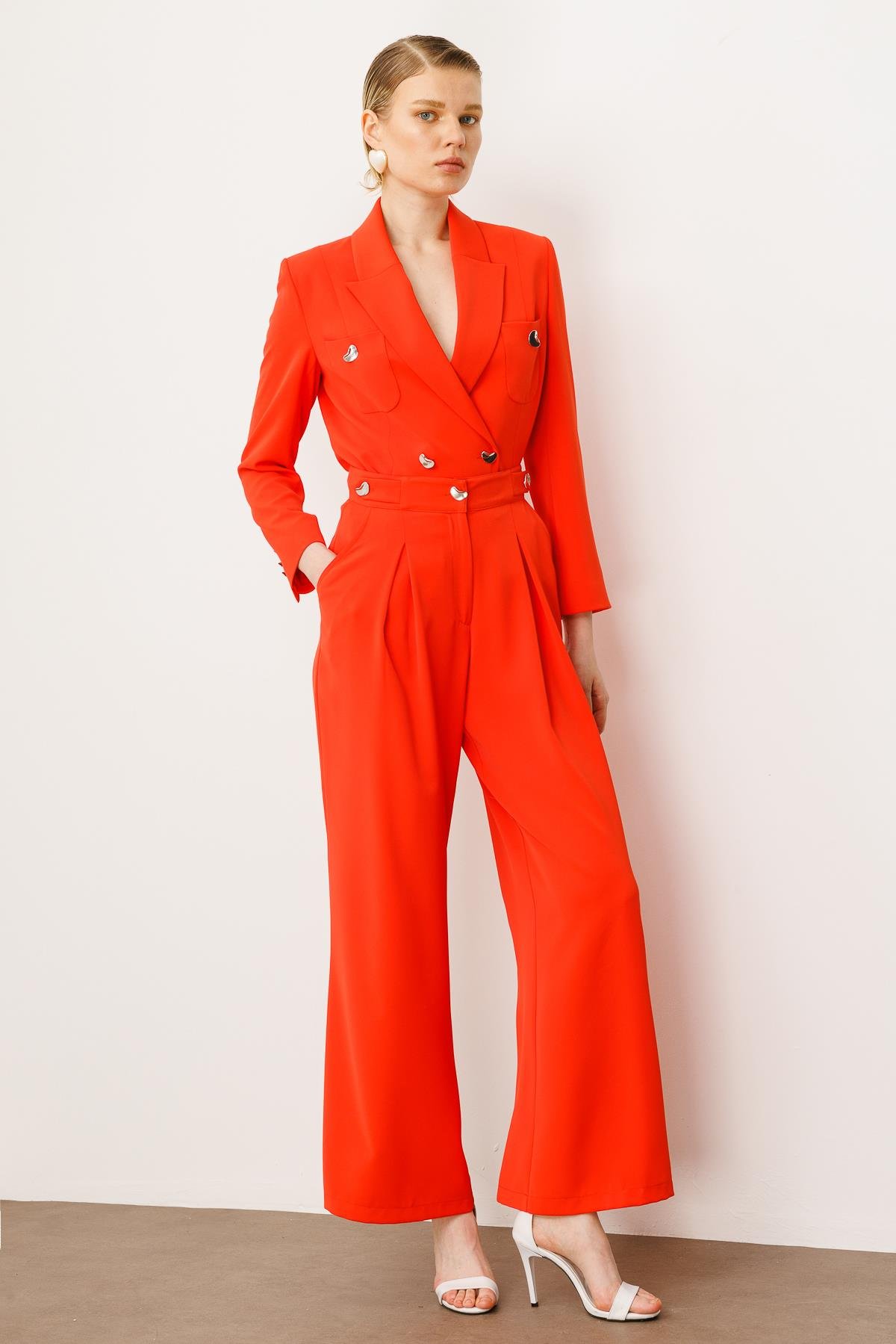 Modailgi  Kemeri Apoletli Yandan Cepli Plikaşeli Pantolon - 7069 Mercan