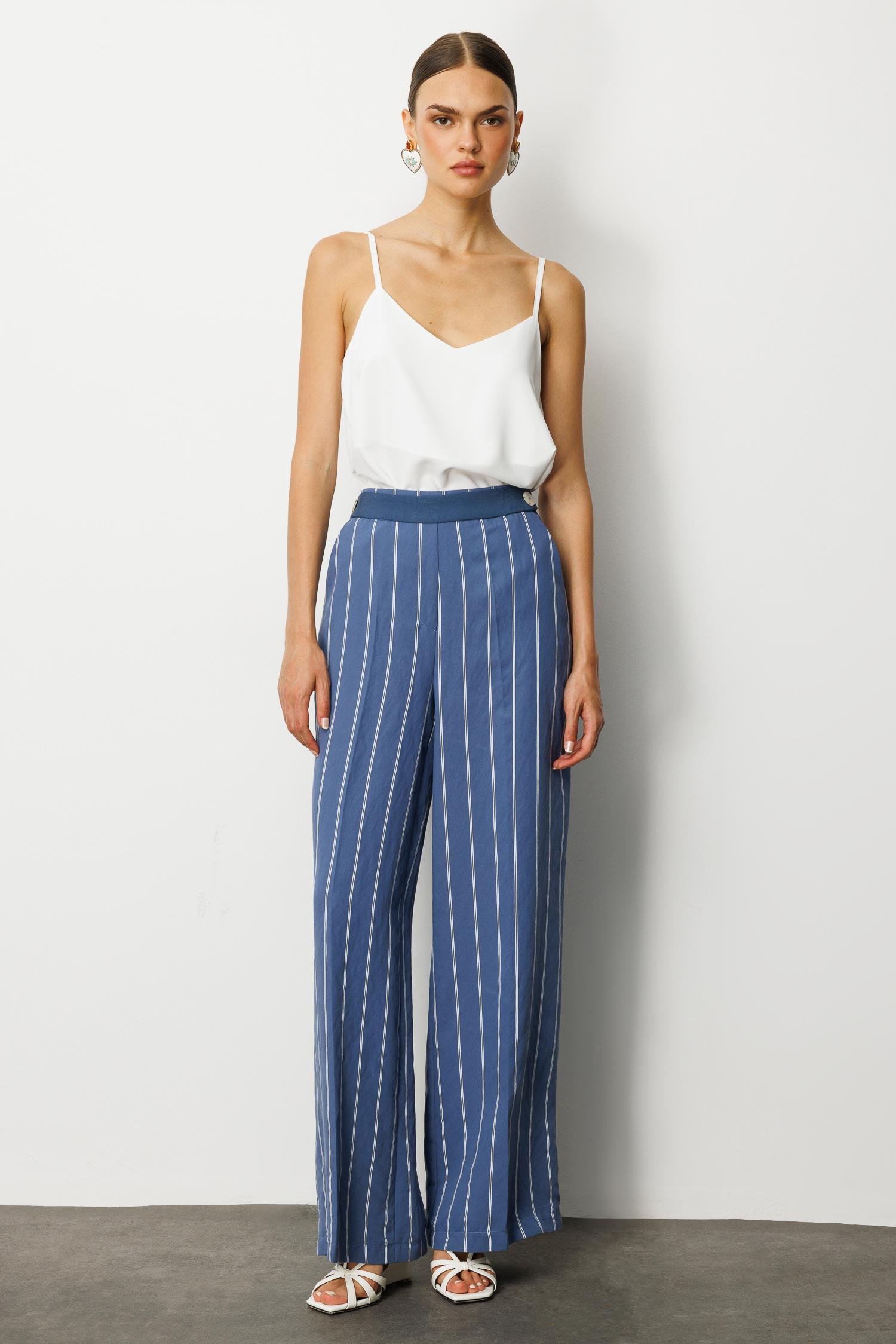 Modailgi  Kemeri Düğme Detaylı Yandan Cepli Bol Kesim Çizgili Pantolon - 71003 İndigo