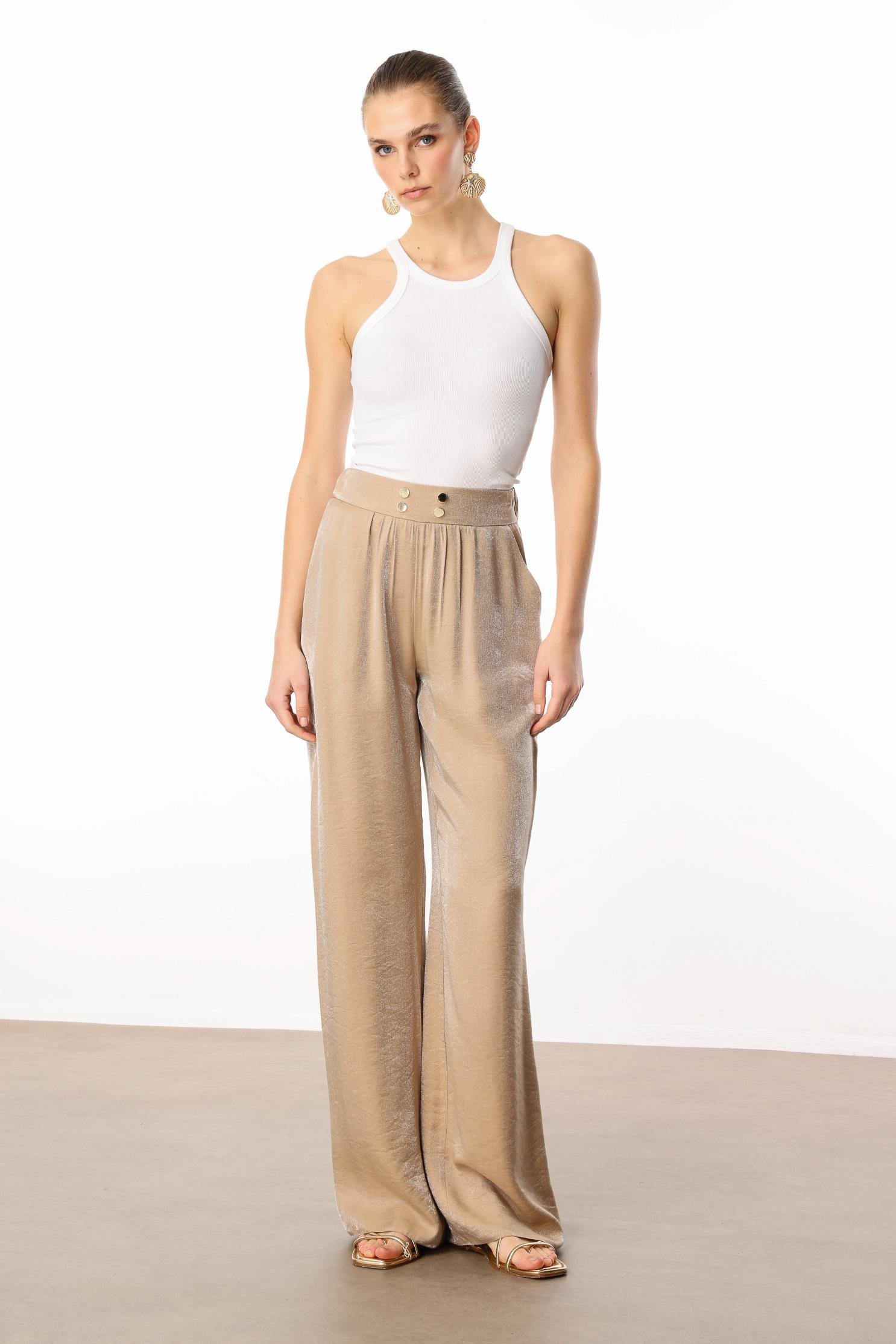 Modailgi  Kemeri Lastikli Beli Büzgülü Çakma Trok Detaylı Yandan Cepli Pantolon - 10047 Camel