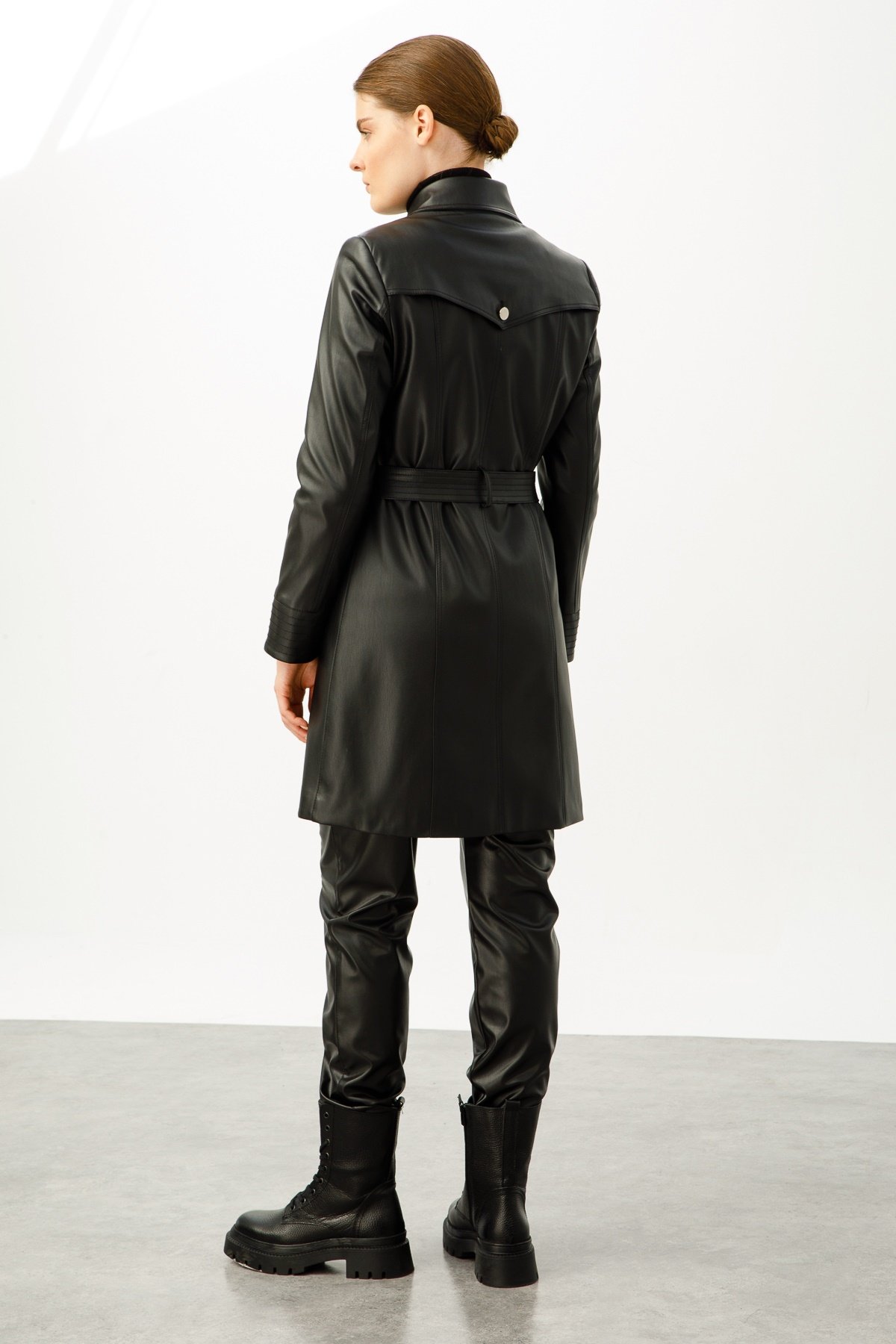 Modailgi  Kemerli Deri Trenç Siyah