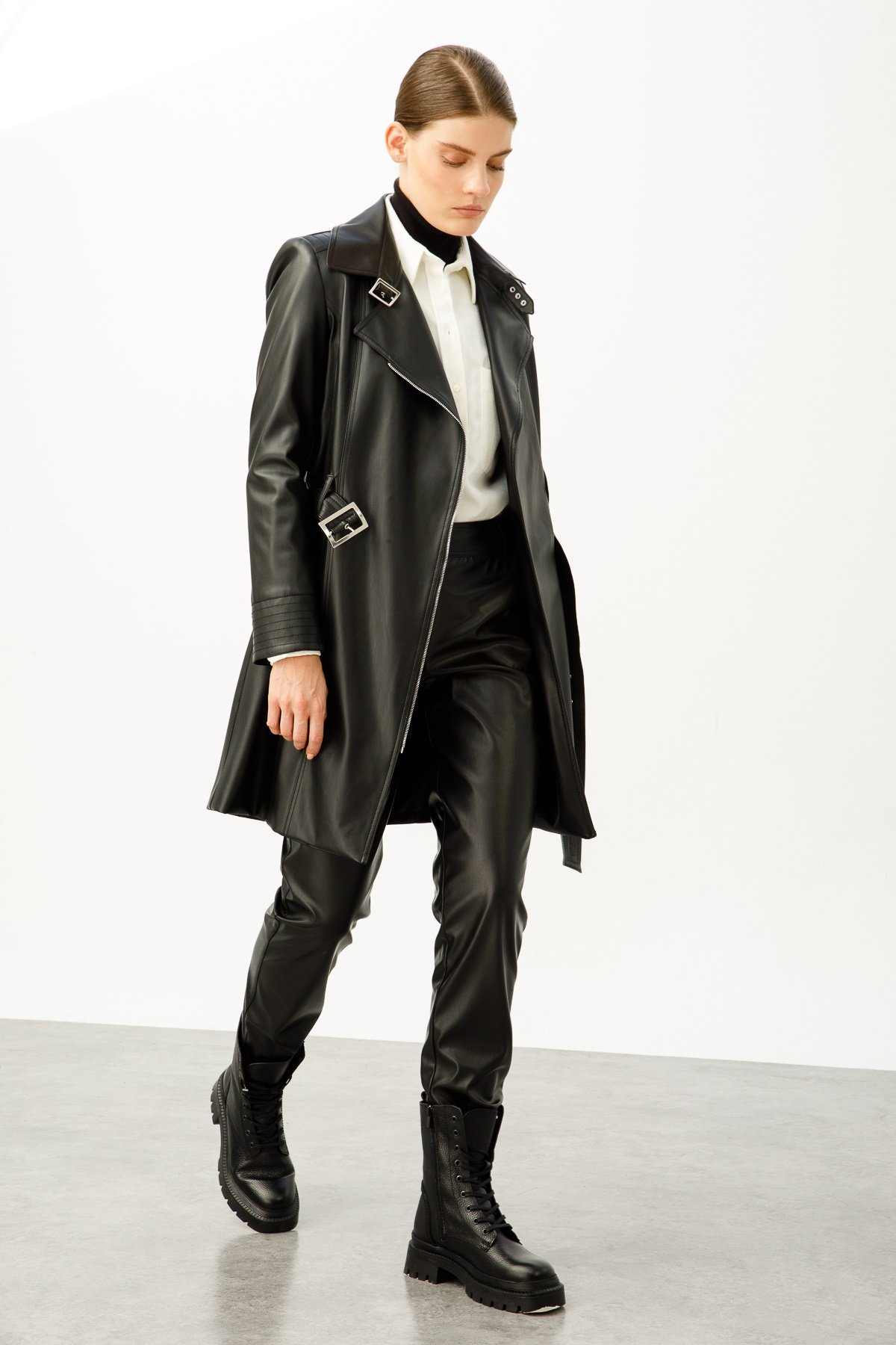 Modailgi  Kemerli Deri Trenç Siyah