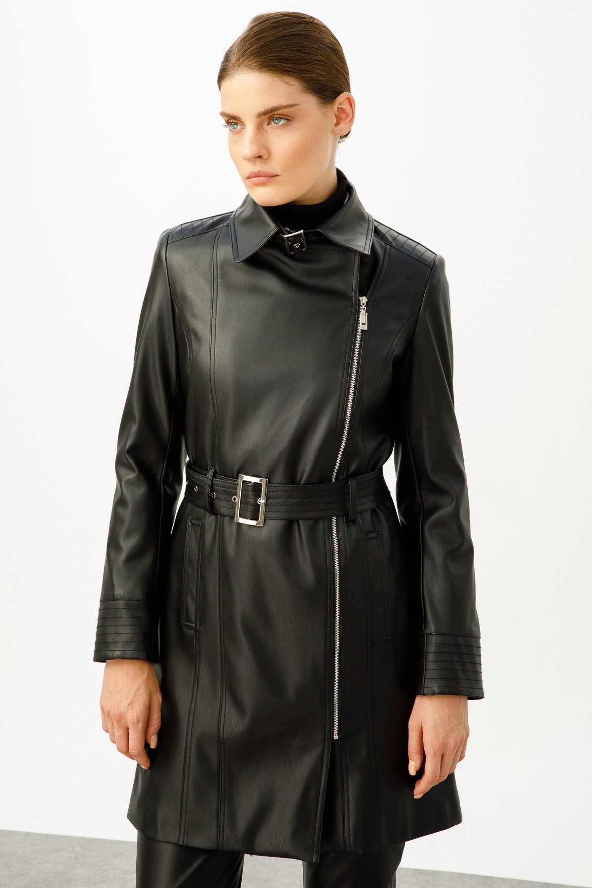 Modailgi  Kemerli Deri Trenç Siyah