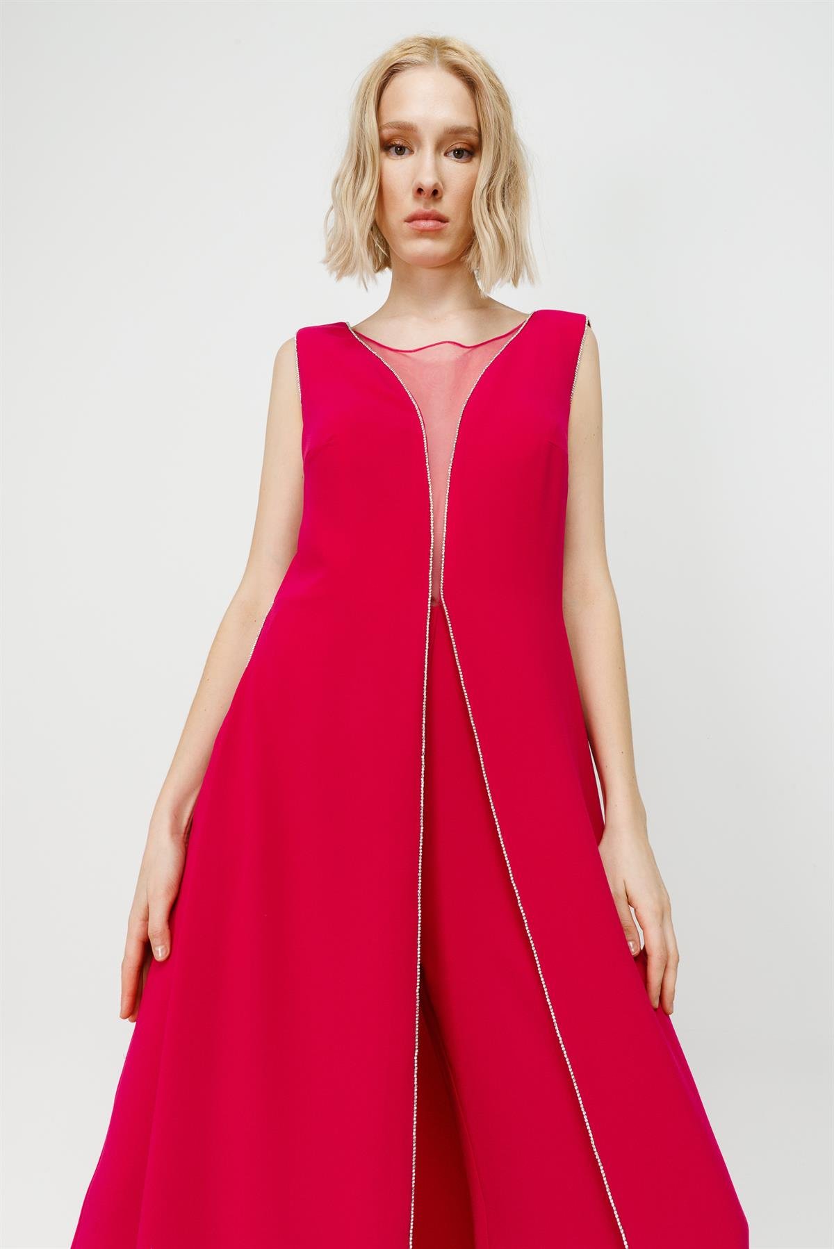 Modailgi  Kenarları Taş Şeritli Tulum Fuşya