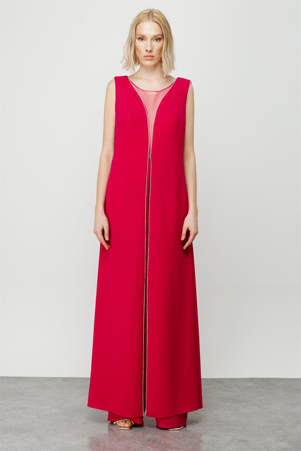 Modailgi  Kenarları Taş Şeritli Tulum Fuşya