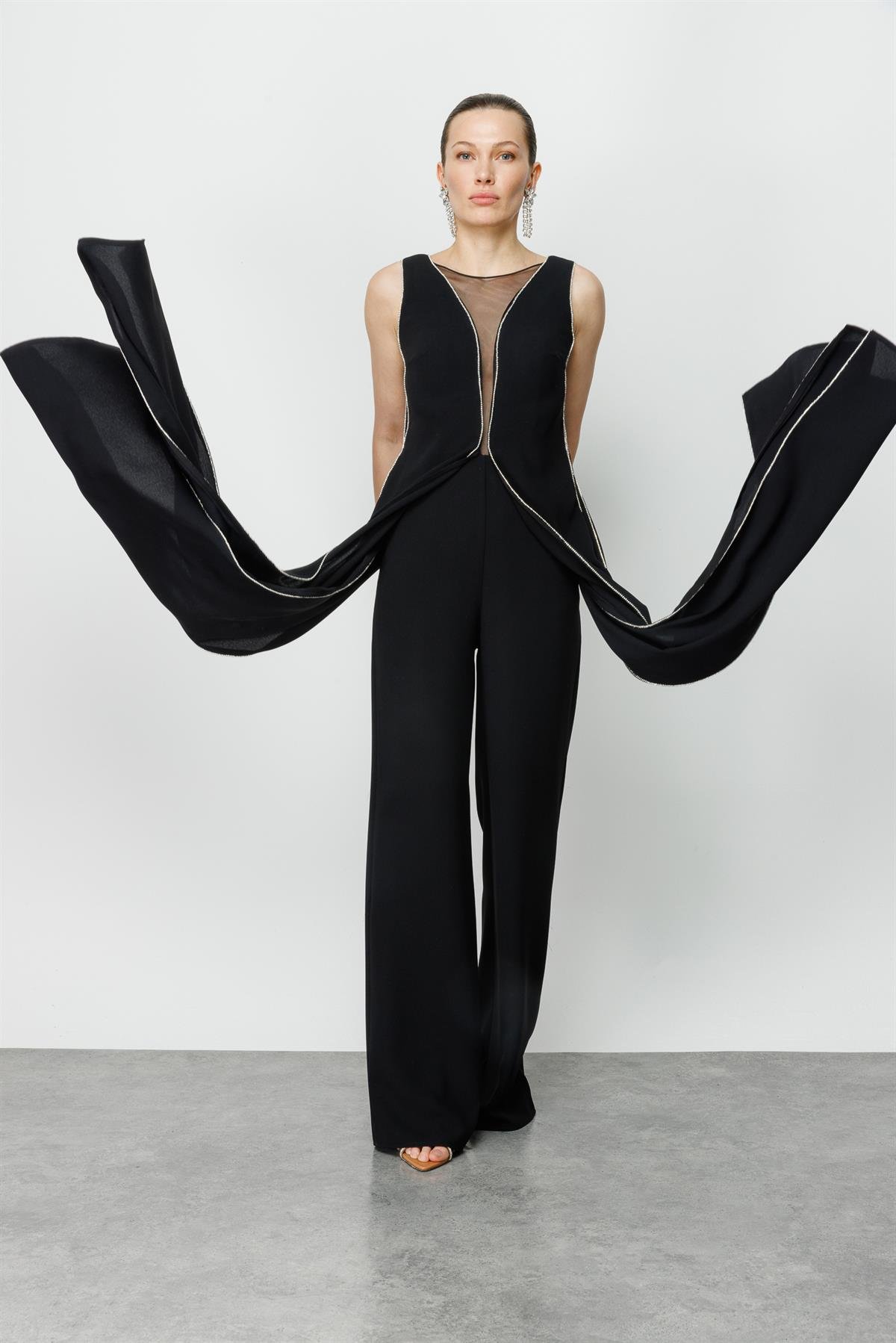 Modailgi  Kenarları Taş Şeritli Tulum Siyah