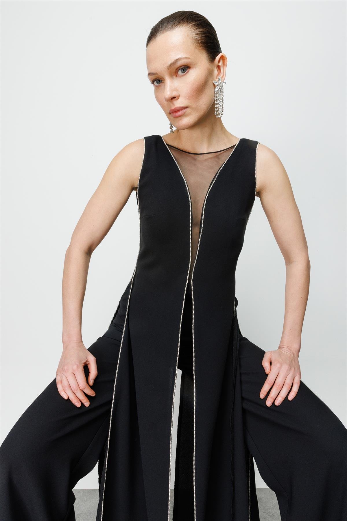 Modailgi  Kenarları Taş Şeritli Tulum Siyah