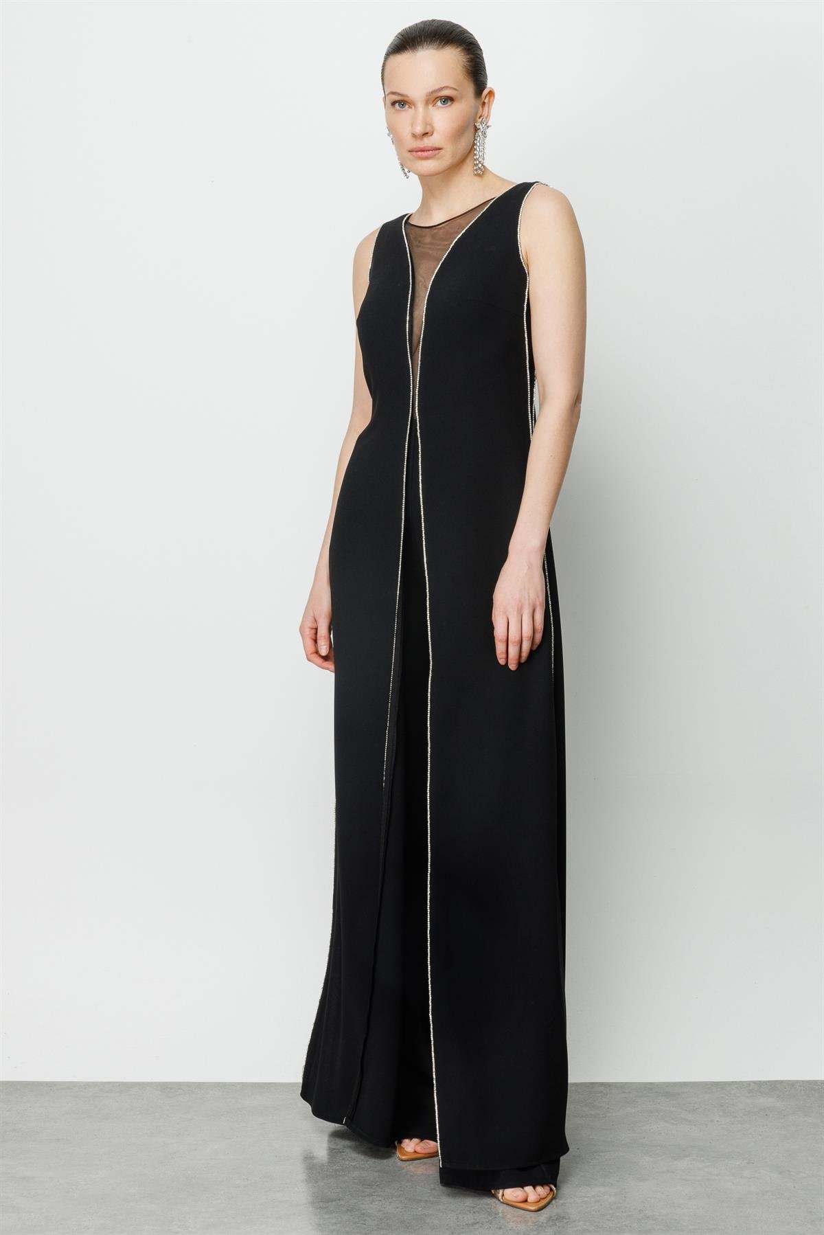 Modailgi  Kenarları Taş Şeritli Tulum Siyah