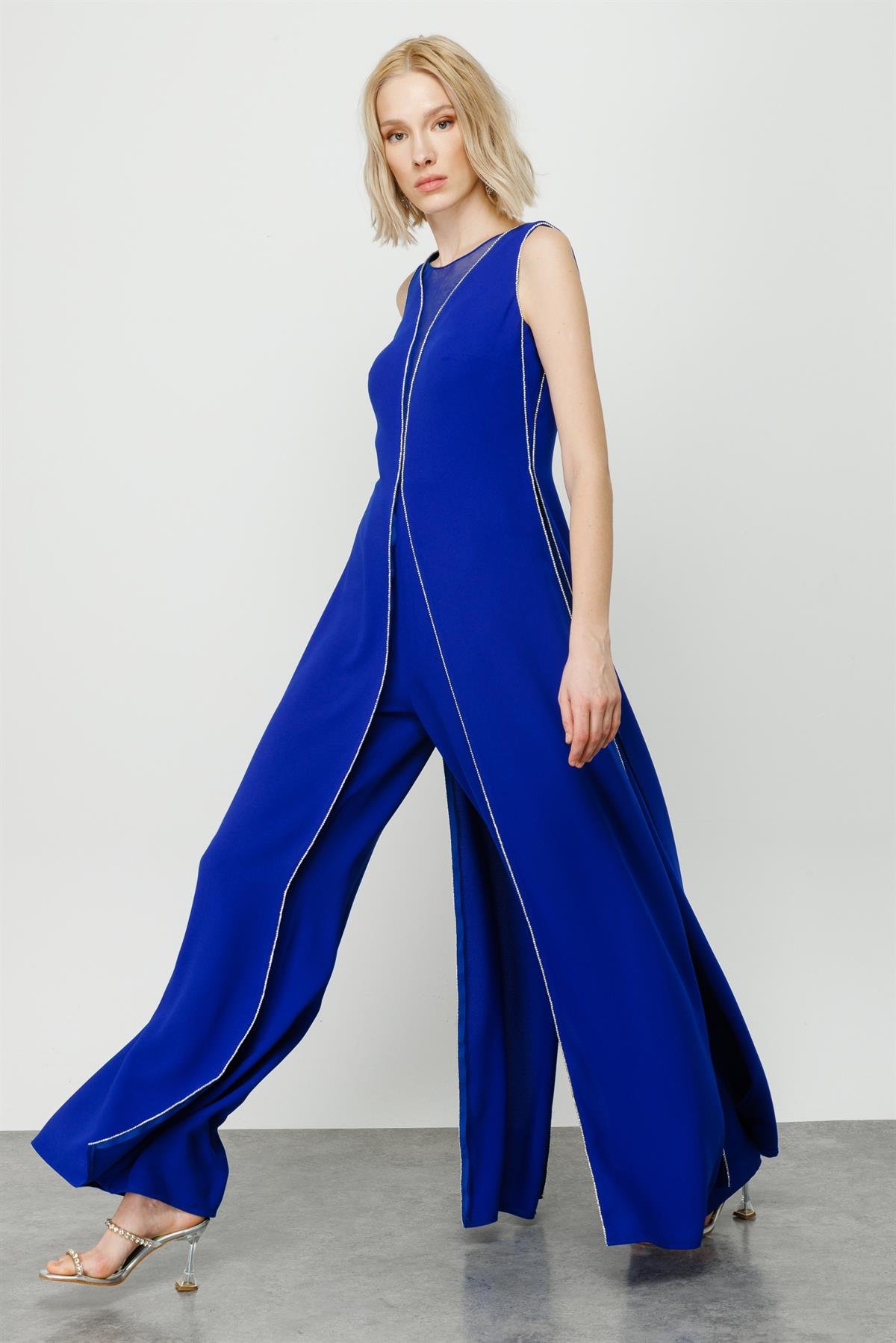 Modailgi  Kenarları Taş Şeritli Tulum Saks