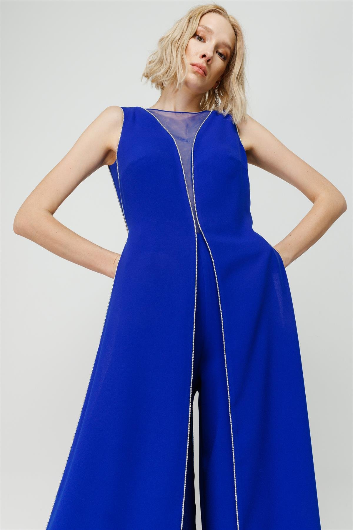 Modailgi  Kenarları Taş Şeritli Tulum Saks