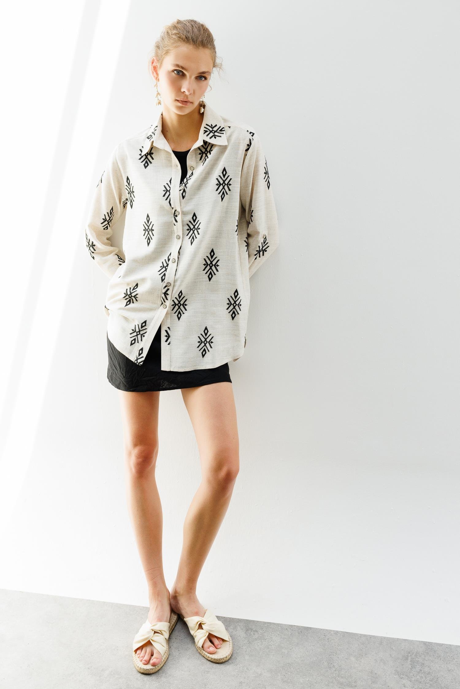 Modailgi  Kilim Desen İkili Keten Gömlek Keten