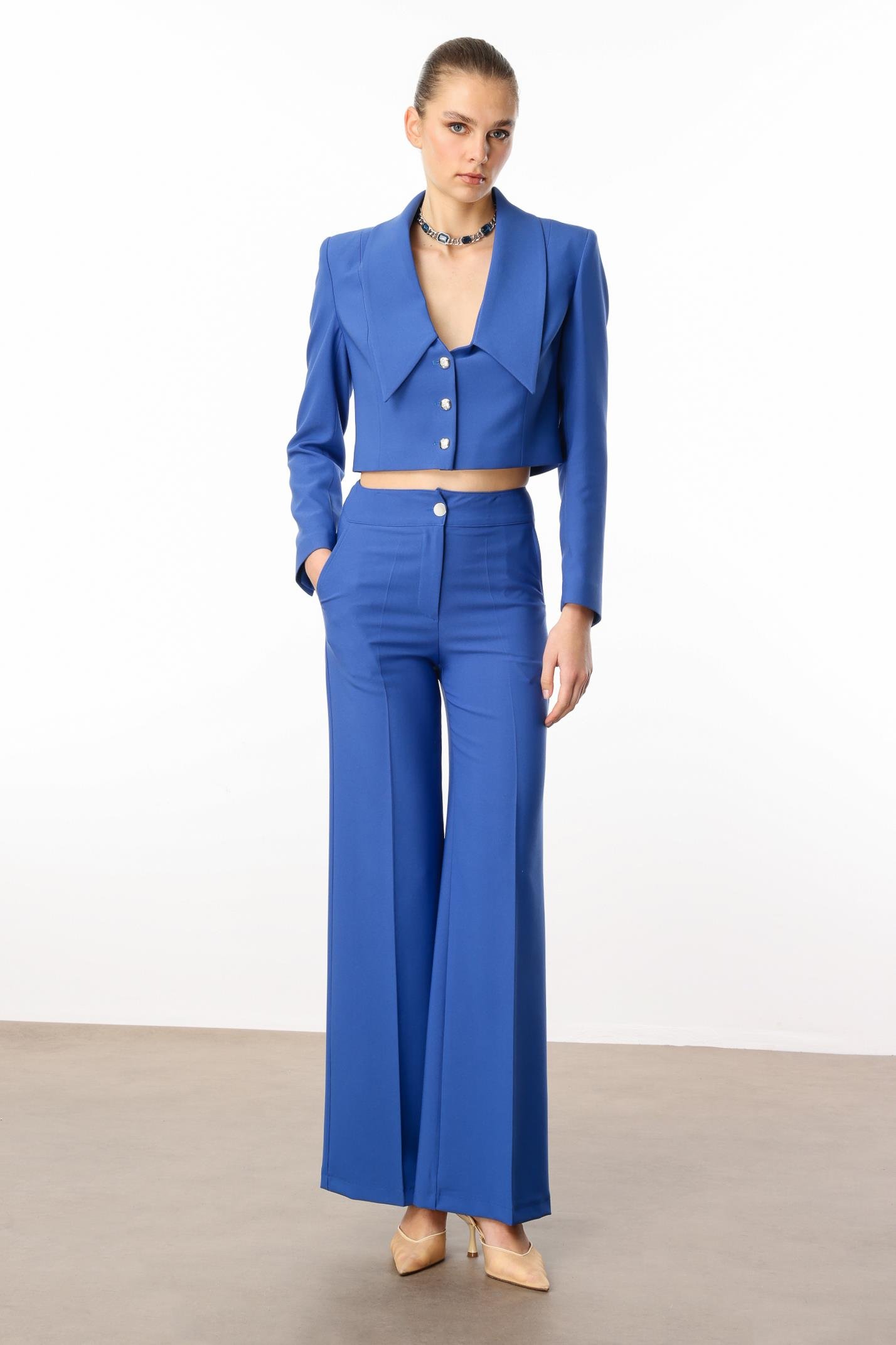 Modailgi  Kırlangıç Yaka Crop Ceket Mavi