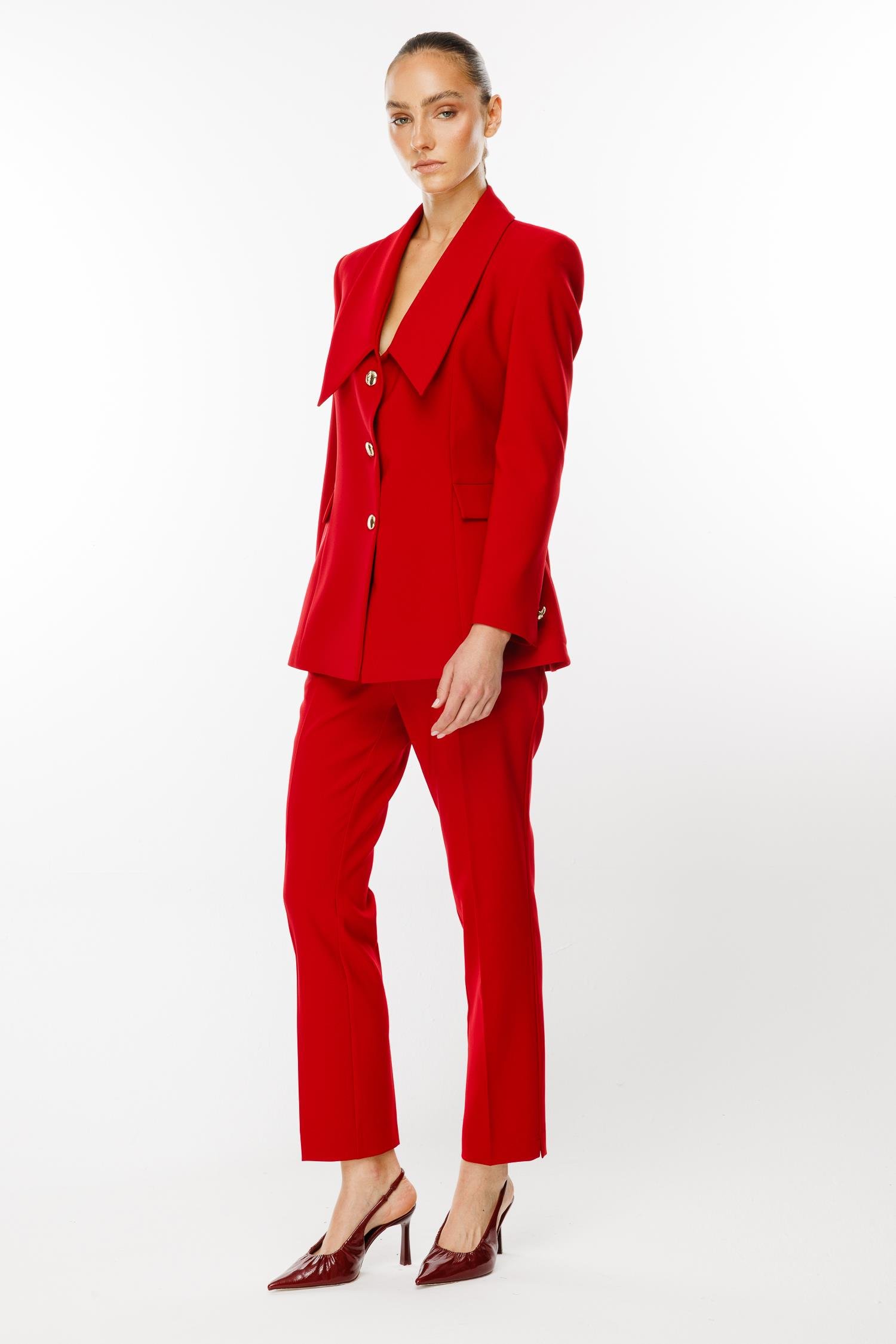 Modailgi  Kırlangıç Yaka Gold Düğme Detaylı Uzun Ceket Kırmızı